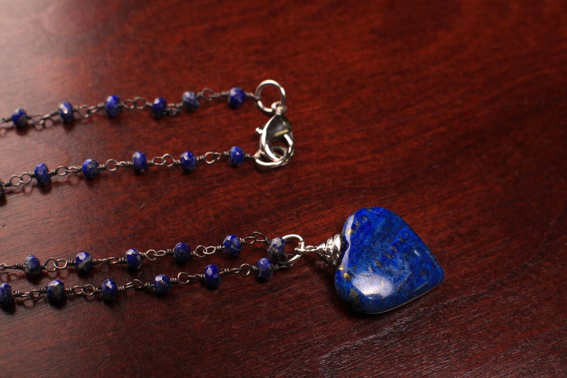 Natural Lapis Lazuli 3mm Faceted Chain, Dangling 21mm lapis Lazuli heart black oxidized Elegant simple Necklace, gift