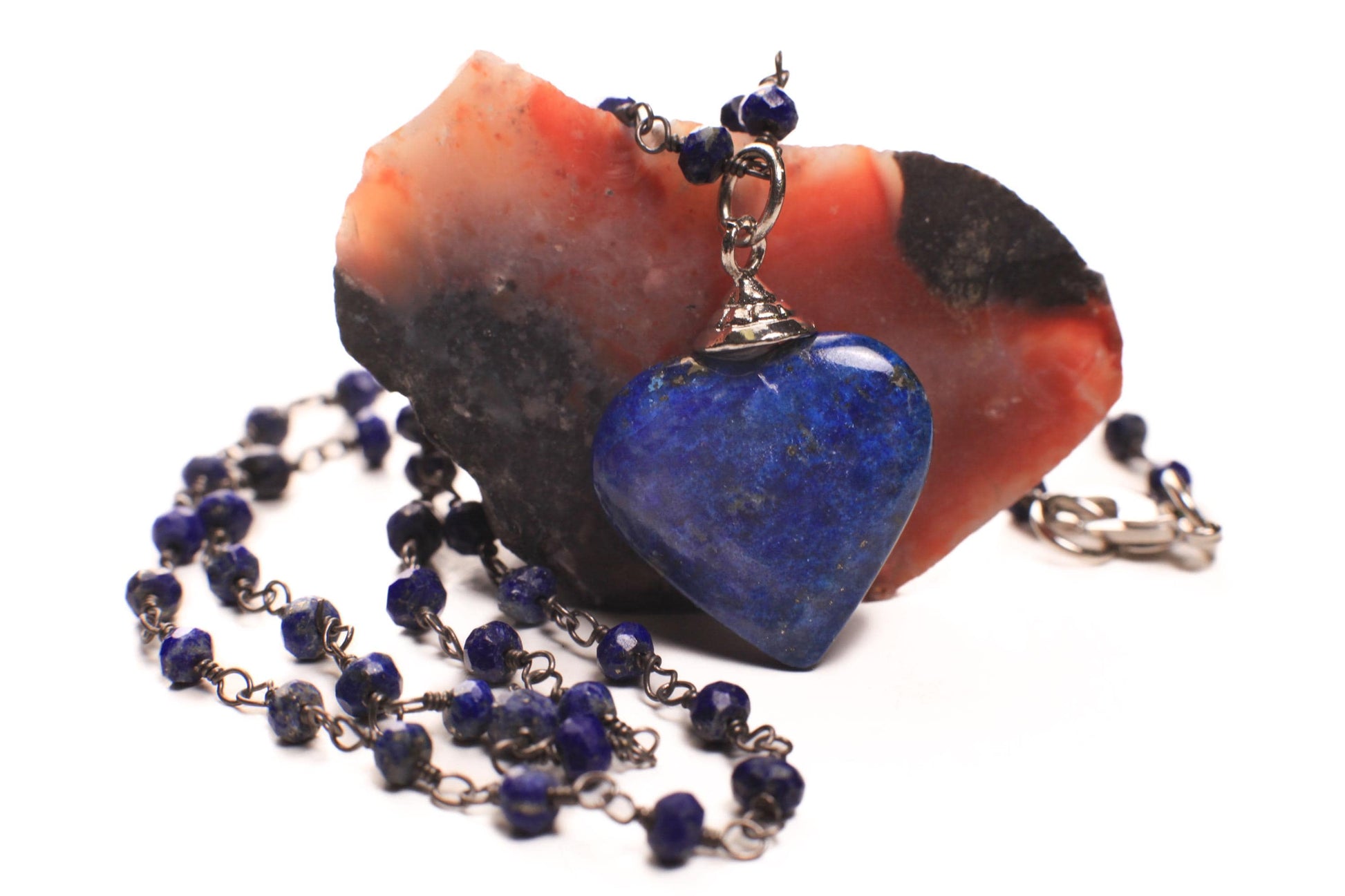 Natural Lapis Lazuli large 21mm solid puff heart black oxidized natural lapis chain handmade Necklace, Elegant simple beautiful gift