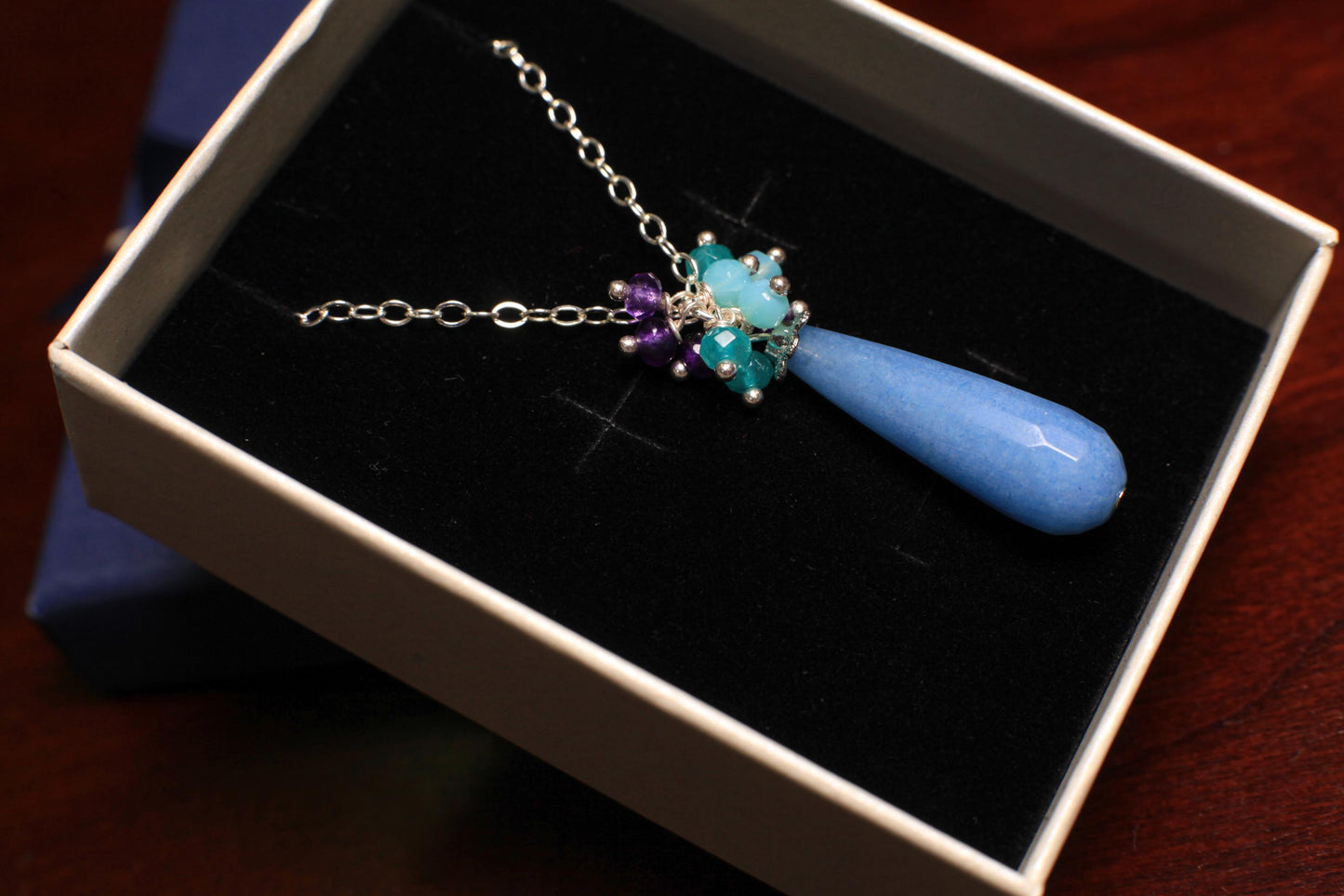 Periwinkle Blue Chalcedony Sky Blue color Jade long drop faceted cluster opal Amethyst Apatite 925 Sterling Silver Necklace.