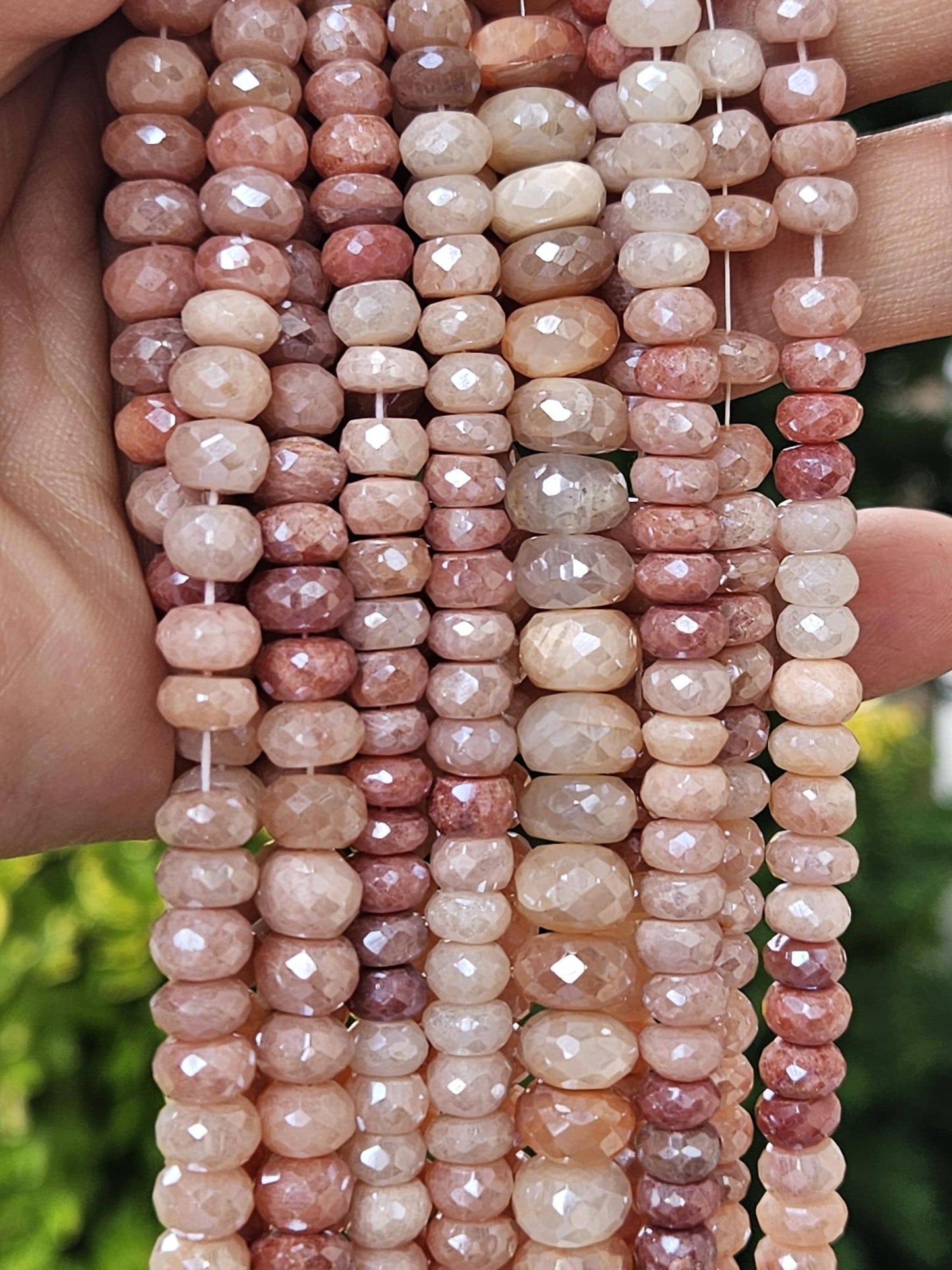 Natural bio peach Moonstone multi tone peach and baby pink shaded mystic 7-9.5mm roundel, Jewelry making super beautiful beads, 7" strand