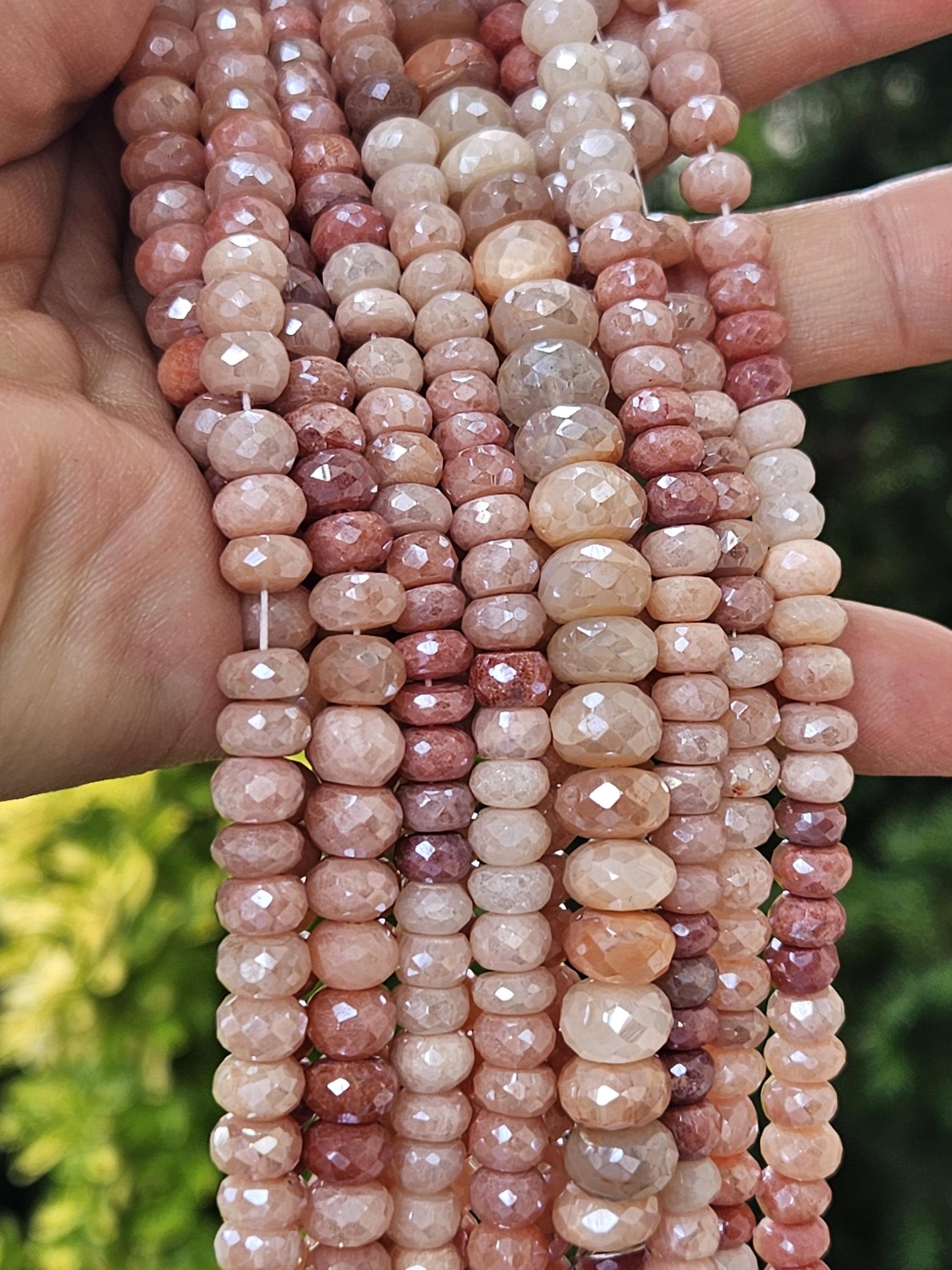 Natural bio peach Moonstone multi tone peach and baby pink shaded mystic 7-9.5mm roundel, Jewelry making super beautiful beads, 7" strand