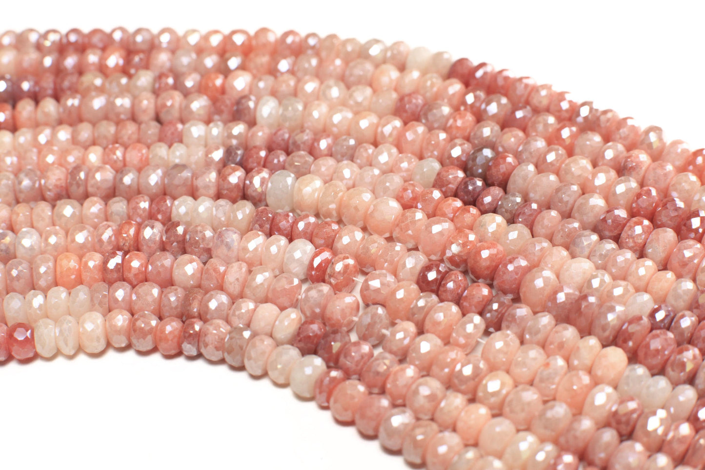 Natural bio peach Moonstone multi tone peach and baby pink shaded mystic 7-9.5mm roundel, Jewelry making super beautiful beads, 7" strand