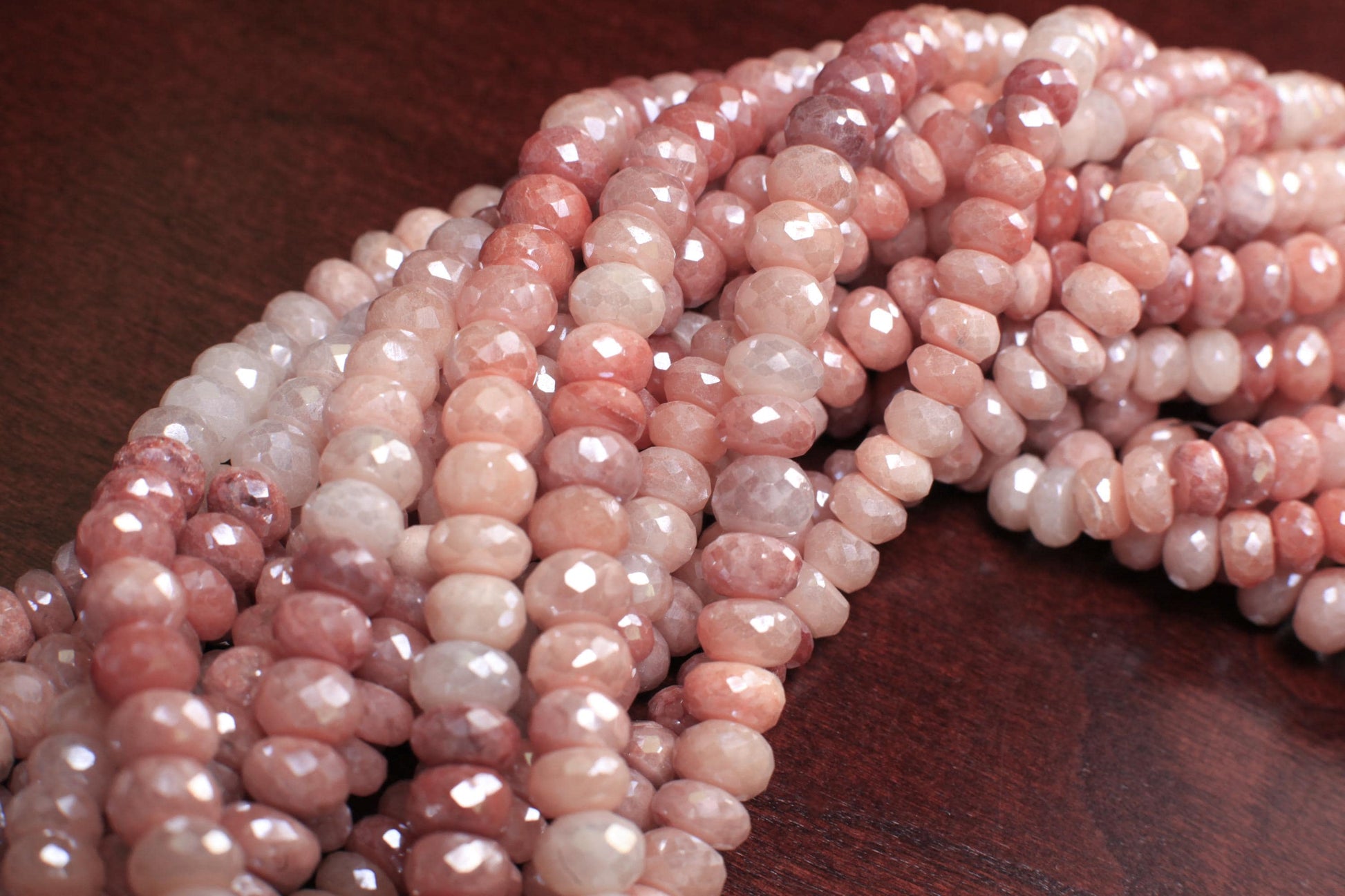 Natural bio peach Moonstone multi tone peach and baby pink shaded mystic 7-9.5mm roundel, Jewelry making super beautiful beads, 7" strand