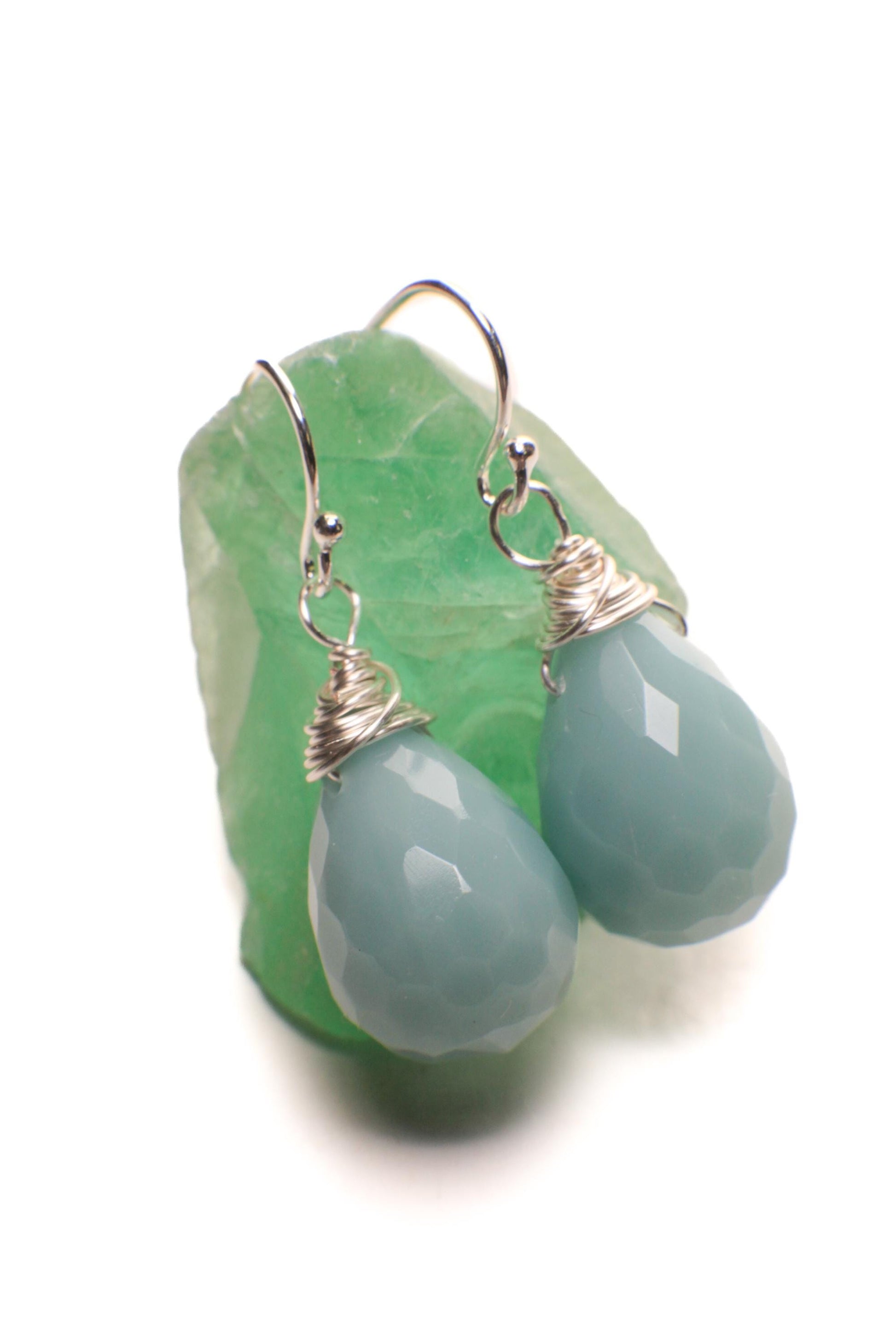 Natural Amazonite Briolette 12x16mm Wire Wrapped Earring, Dangling Ammonite in 925 Sterling Silver Ear Wire, Soothing Earring