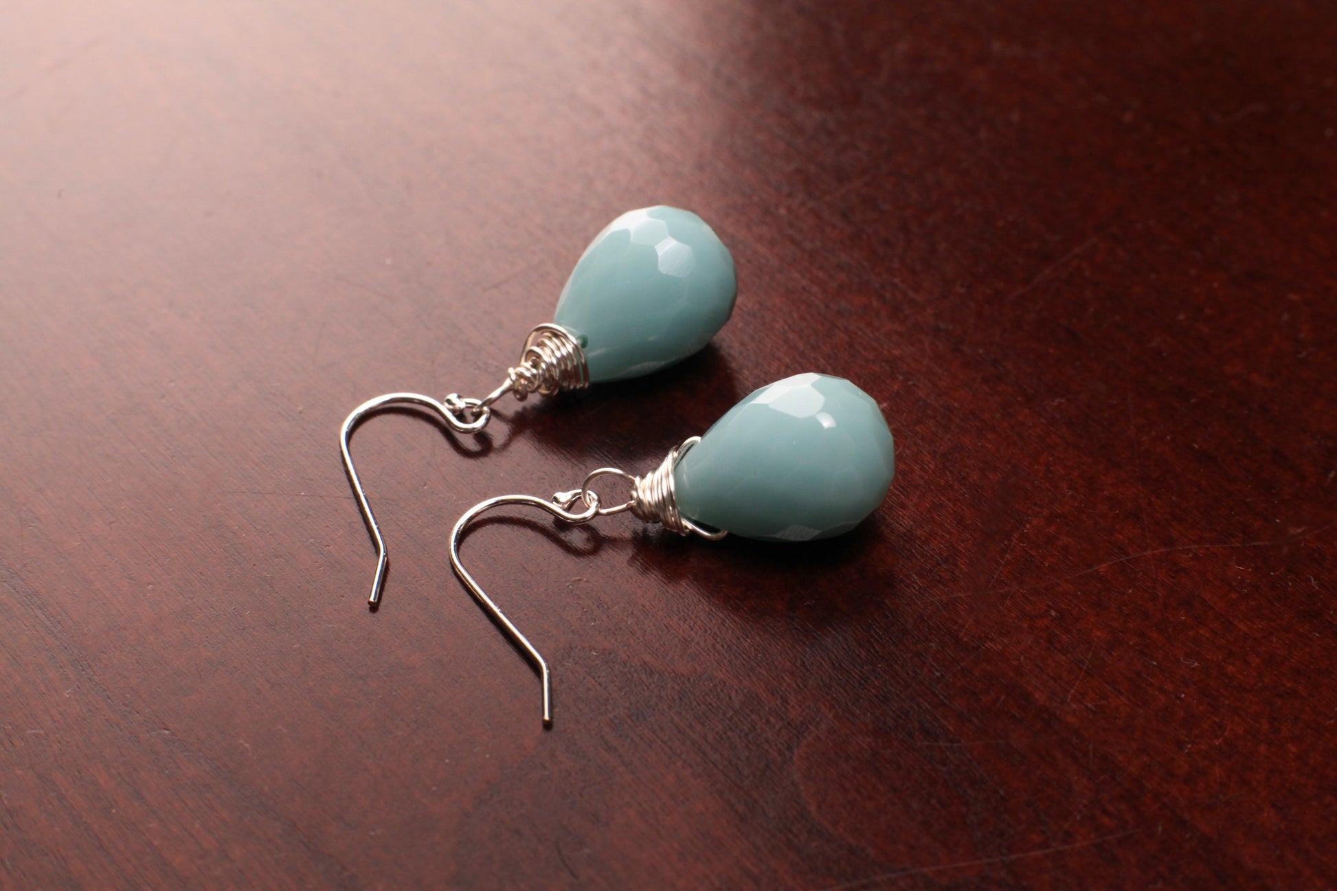 Natural Amazonite Briolette 12x16mm Wire Wrapped Earring, Dangling Ammonite in 925 Sterling Silver Ear Wire, Soothing Earring