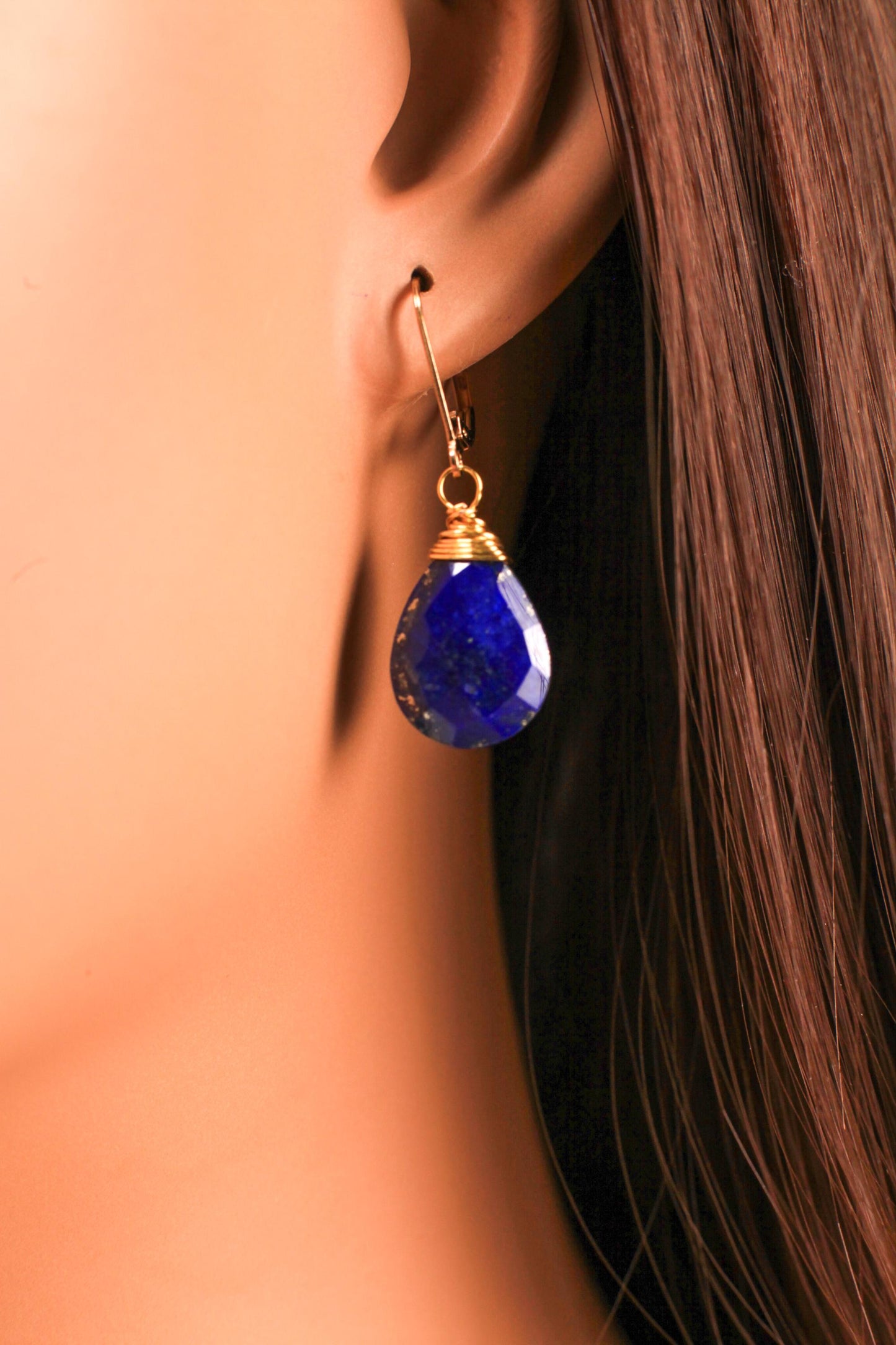 Lapis Lazuli Earrings, Natural Lapis Pear Drop 12x16mm Wire Wrapped Long Teardrop in 14K Gold Filled or 925 Sterling Silver Leverback