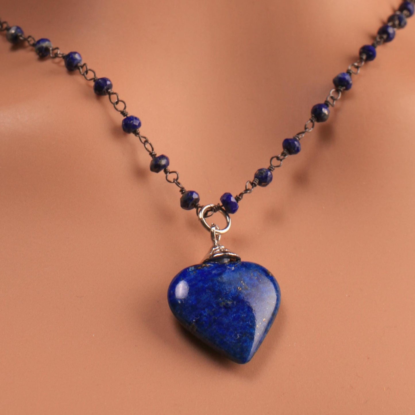 Natural Lapis Lazuli large 21mm solid puff heart black oxidized natural lapis chain handmade Necklace, Elegant simple beautiful gift