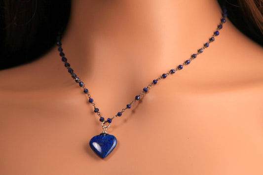 Natural Lapis Lazuli 3mm Faceted Chain, Dangling 21mm lapis Lazuli heart black oxidized Elegant simple Necklace, gift