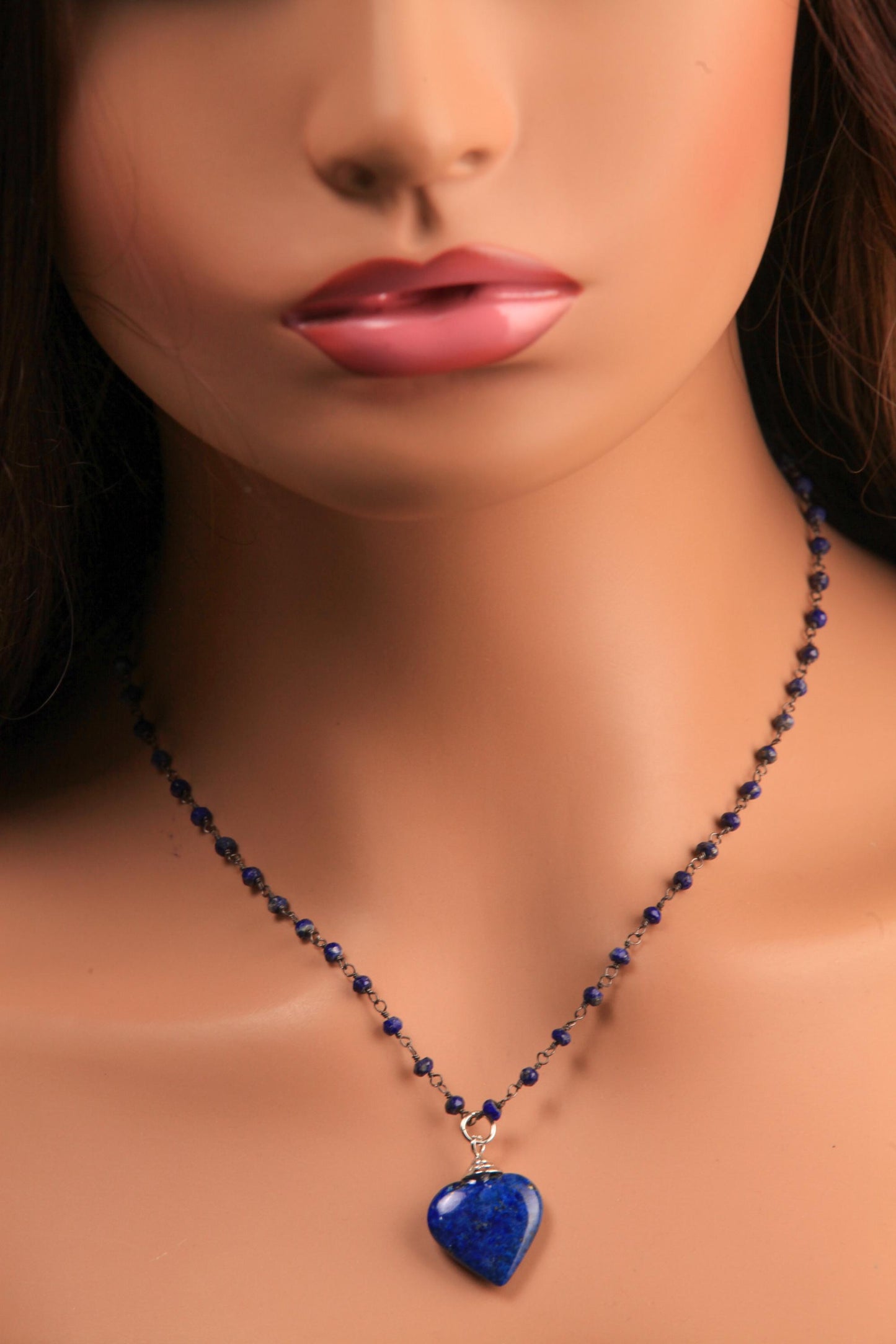 Natural Lapis Lazuli 3mm Faceted Chain, Dangling 21mm lapis Lazuli heart black oxidized Elegant simple Necklace, gift