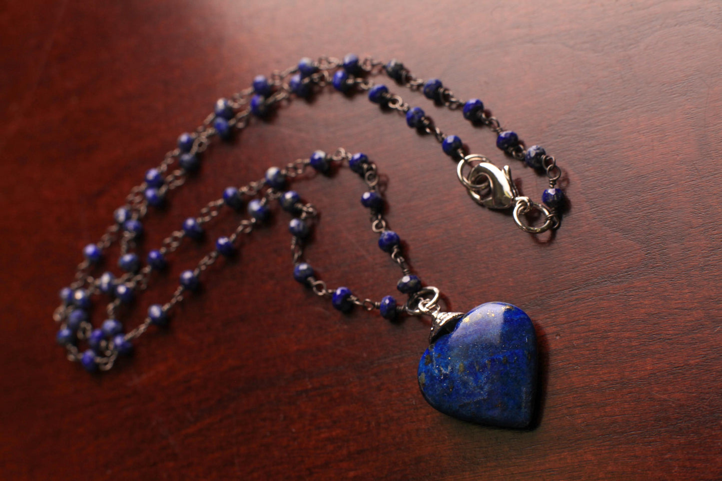 Natural Lapis Lazuli 3mm Faceted Chain, Dangling 21mm lapis Lazuli heart black oxidized Elegant simple Necklace, gift