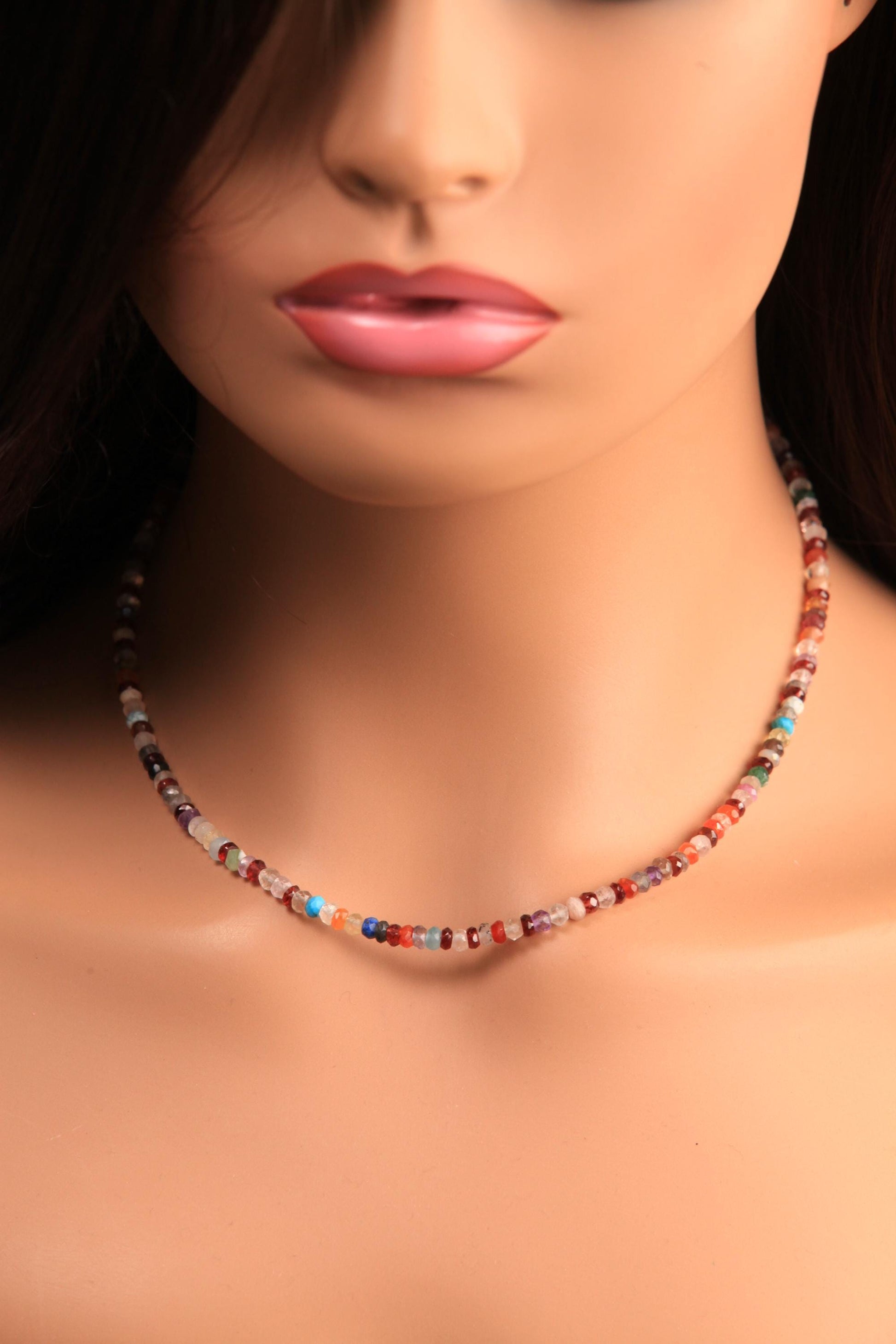 Natural Multi Gemstone Rainbow 4mm Disco Necklace, Moonstone, Garnet, Onyx, Carnelian, Amethyst, Smokey, Labradorite in 925 sterling silver