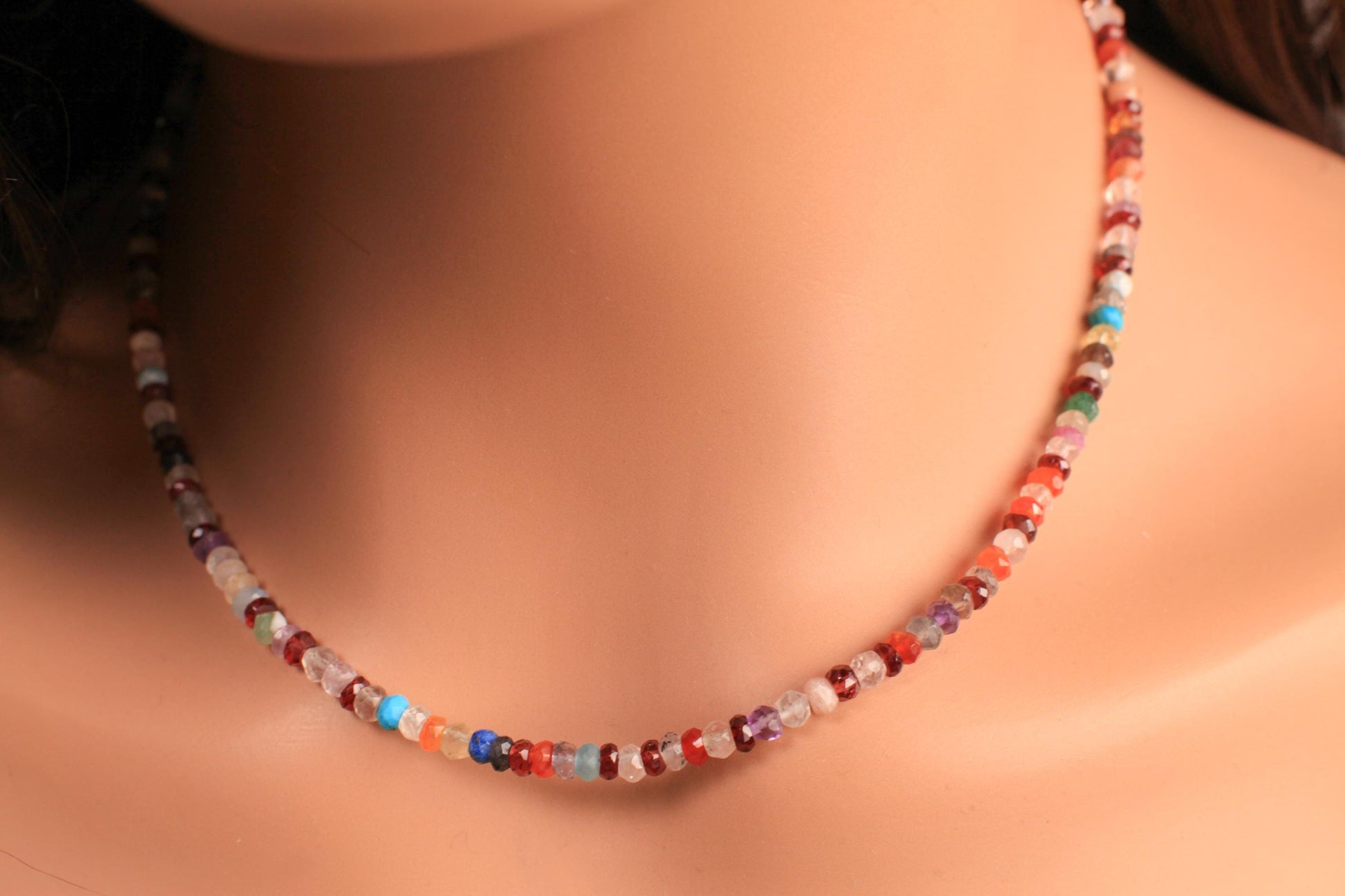 Natural Multi Gemstone Rainbow 4mm Disco Necklace, Moonstone, Garnet, Onyx, Carnelian, Amethyst, Smokey, Labradorite in 925 sterling silver