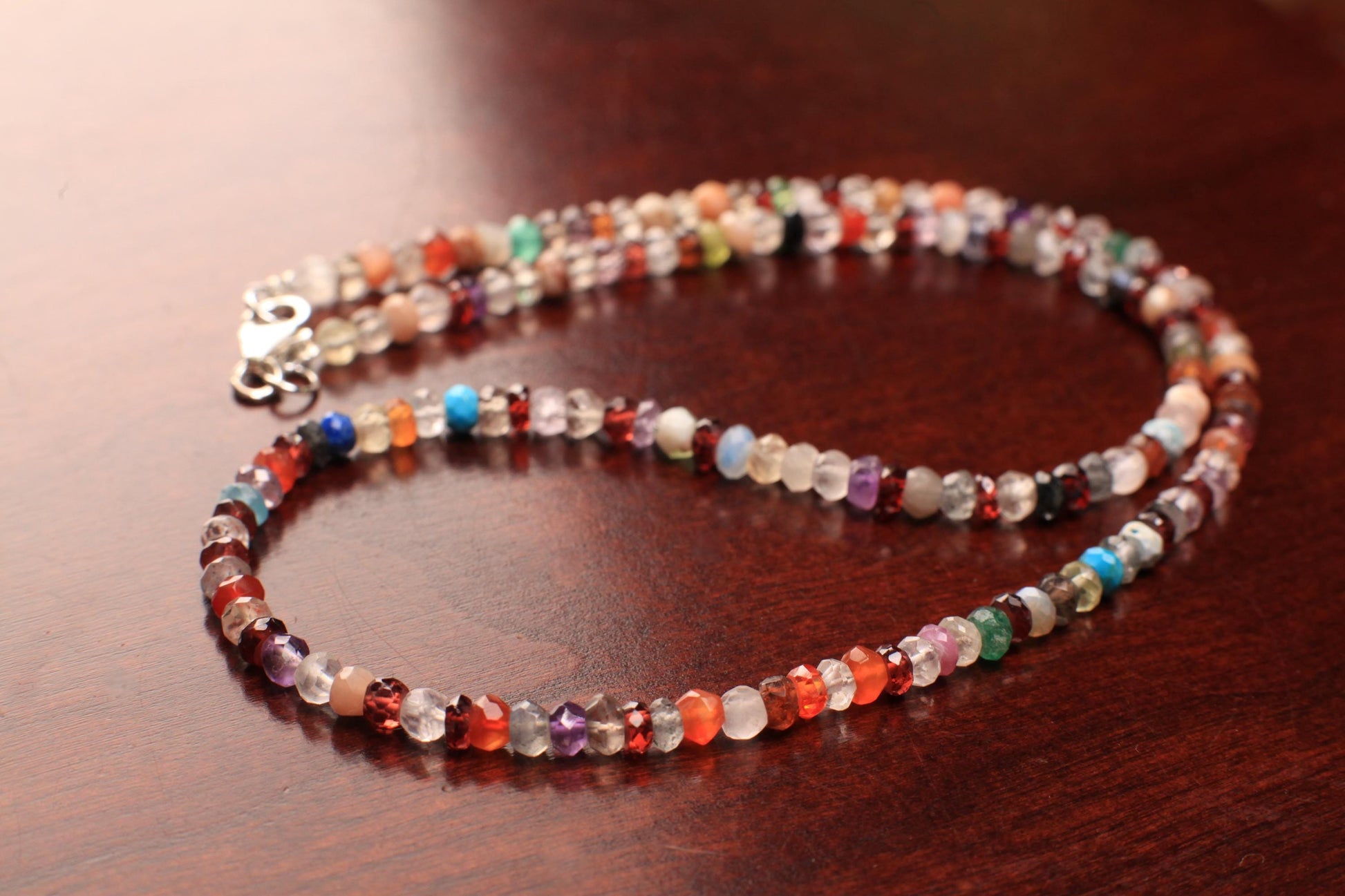 Natural Multi Gemstone Rainbow 4mm Disco Necklace, Moonstone, Garnet, Onyx, Carnelian, Amethyst, Smokey, Labradorite in 925 sterling silver