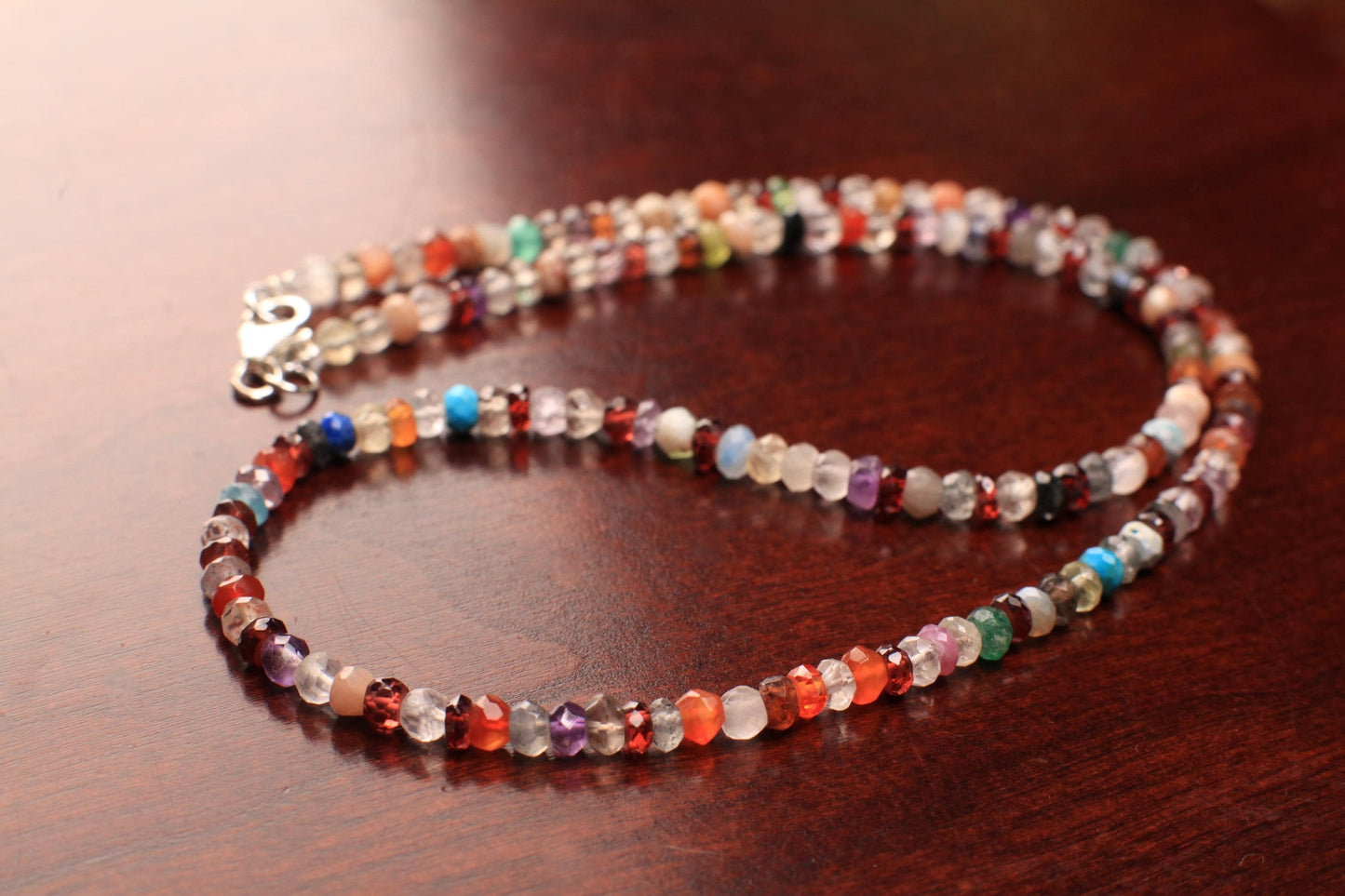 Natural Multi Gemstone Rainbow 4mm Disco Necklace, Moonstone, Garnet, Onyx, Carnelian, Amethyst, Smokey, Labradorite gemstone gift