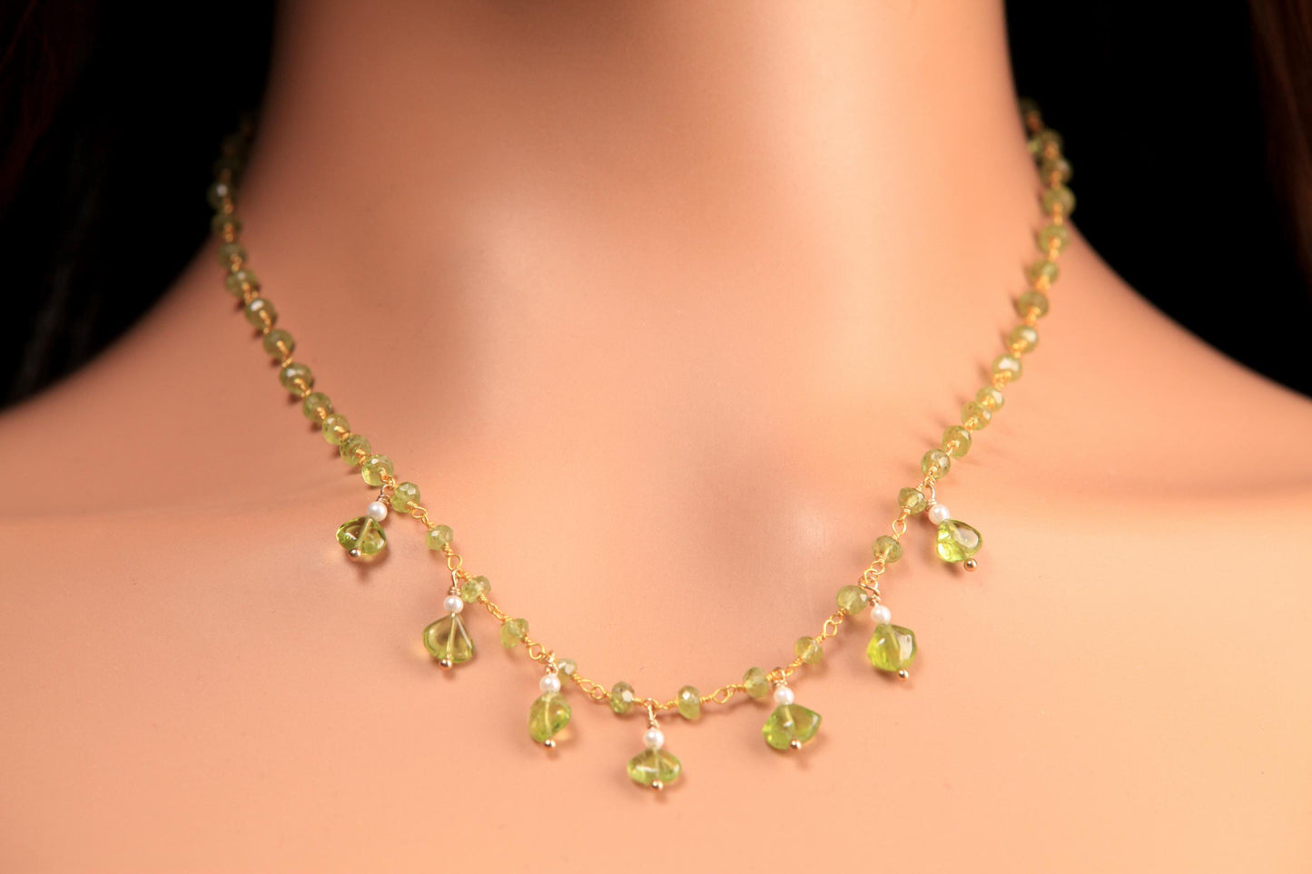 Natural Peridot Faceted Peridot Clusters and Dangling Peridot Freshwater Pearl Wire Wrap Handmade Gold Necklace, Bridal Gift