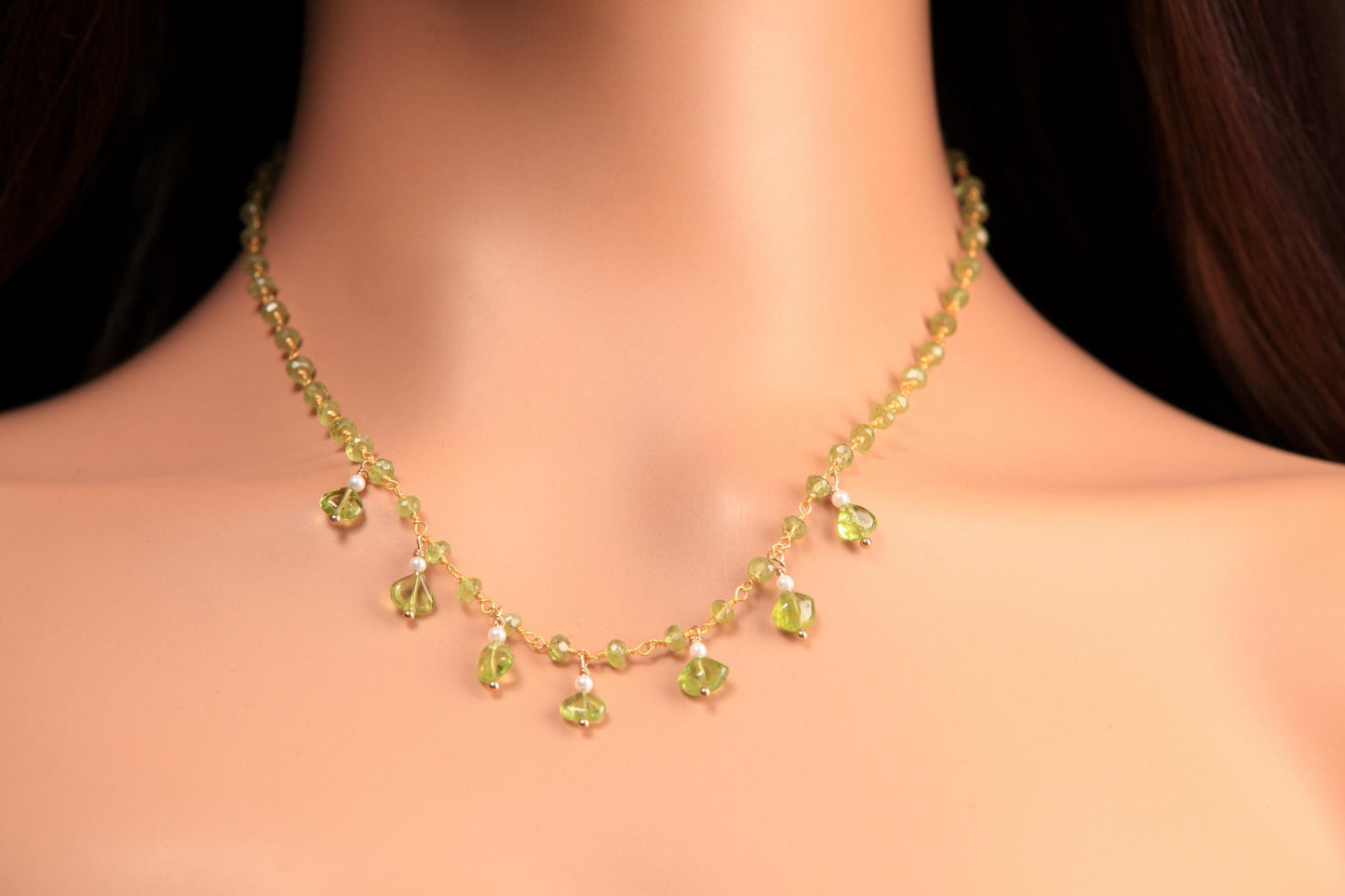 Natural Peridot Faceted Peridot Clusters and Dangling Peridot Freshwater Pearl Wire Wrap Handmade Gold Necklace, Bridal Gift