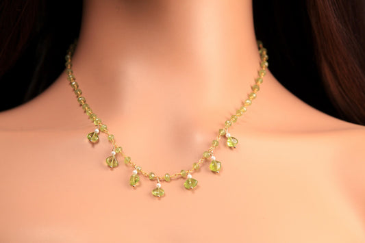 Natural Peridot Faceted Peridot Clusters and Dangling Peridot Freshwater Pearl Wire Wrap Handmade Gold Necklace, Bridal Gift