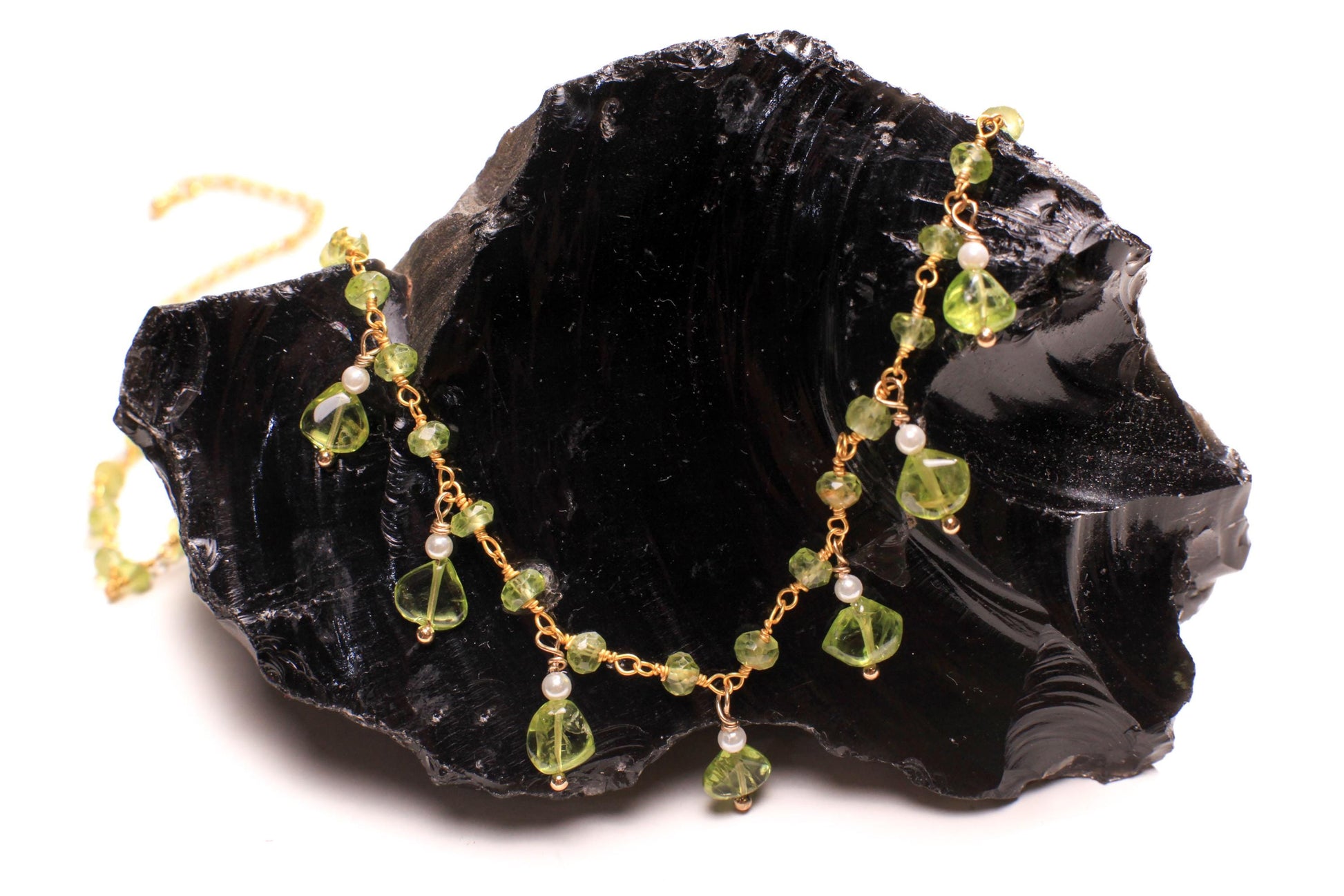 Natural Peridot Faceted Peridot Clusters and Dangling Peridot Freshwater Pearl Wire Wrap Handmade Gold Necklace, Bridal Gift