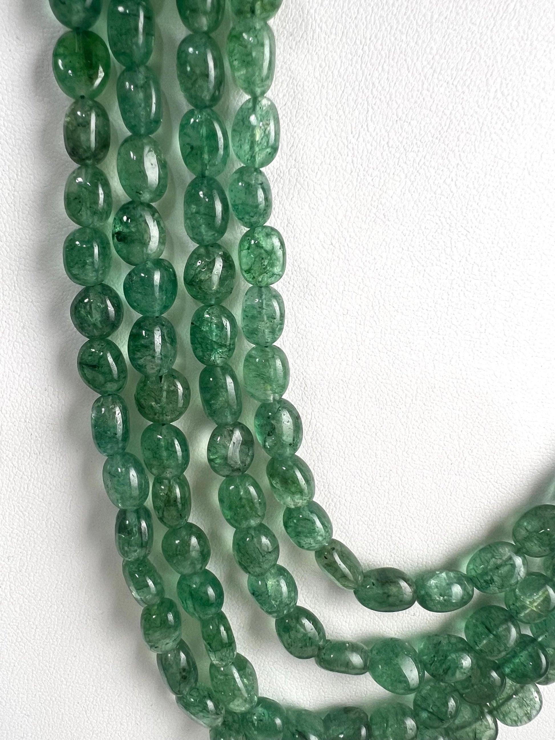 Genuine Zambian Emerald 4 line smooth oval Gemstone Necklace 20” plus 9" Adjustable thread,May Birthstone, Gift