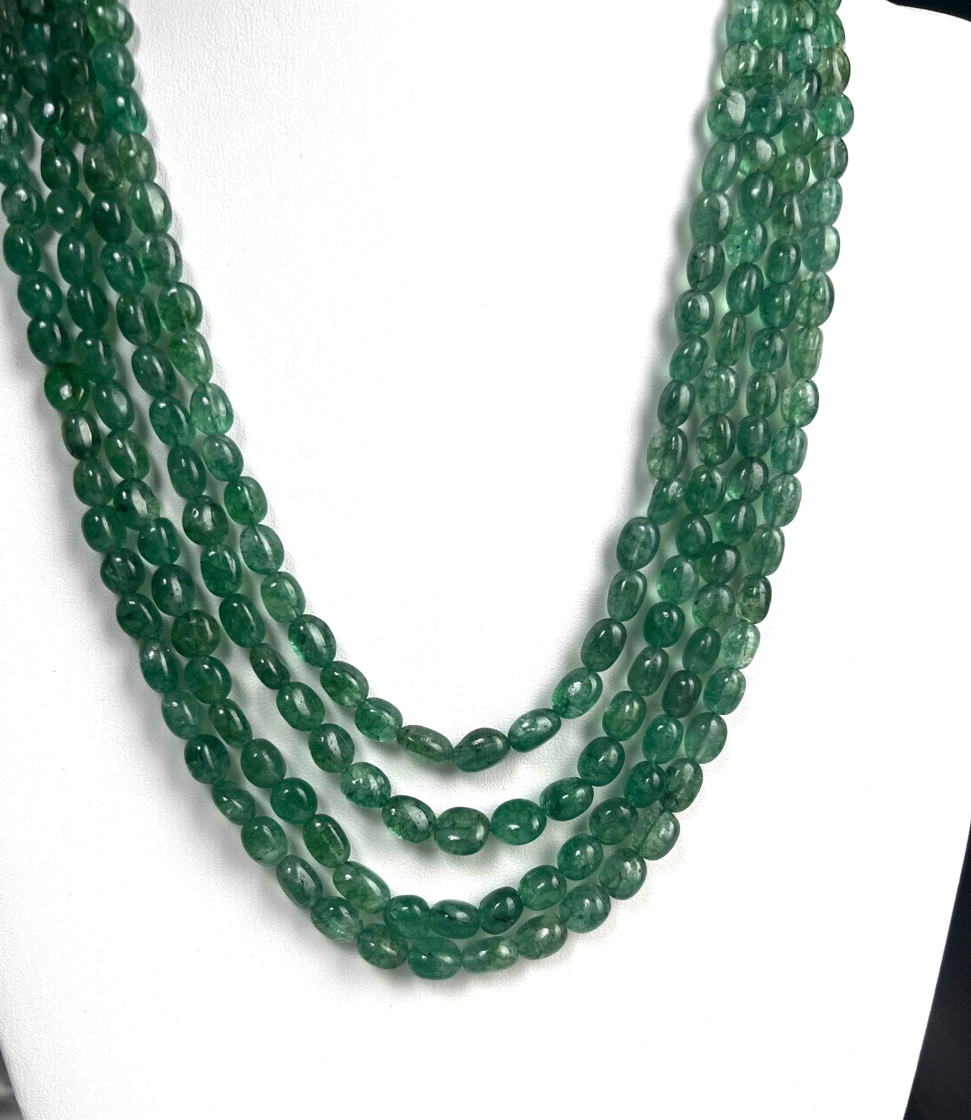 Genuine Zambian Emerald 4 line smooth oval Gemstone Necklace 20” plus 9" Adjustable thread,May Birthstone, Gift