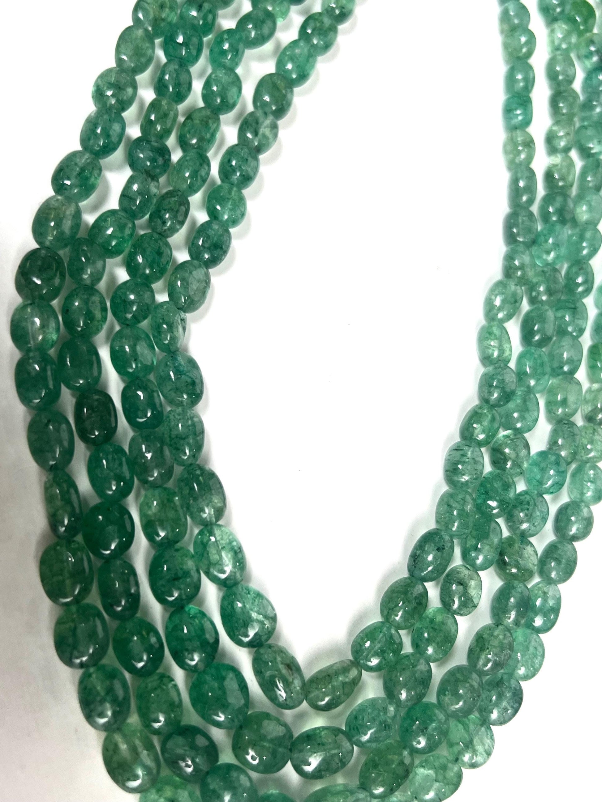 Genuine Zambian Emerald 4 line smooth oval Gemstone Necklace 20” plus 9" Adjustable thread,May Birthstone, Gift