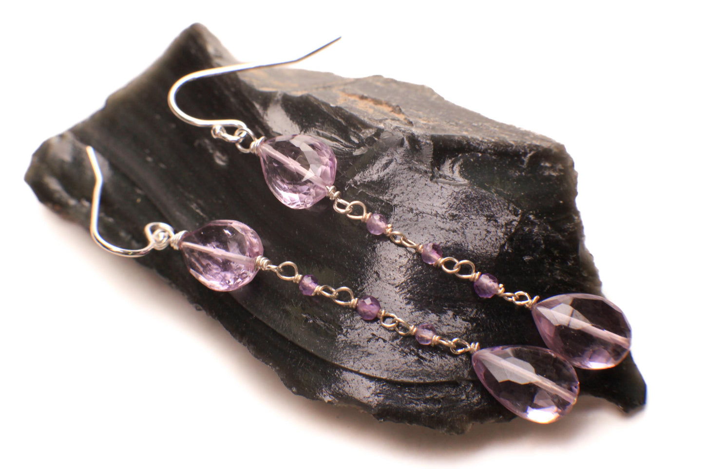 Genuine Pink Amethyst concave cut Faceted Teardrop, cut gemstone Wire Wrapped amethyst chain in 925 Sterling Silver earrings