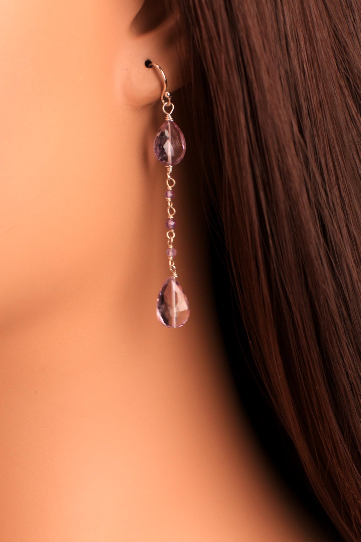 Genuine Pink Amethyst concave cut Faceted Teardrop, cut gemstone Wire Wrapped amethyst chain in 925 Sterling Silver earrings