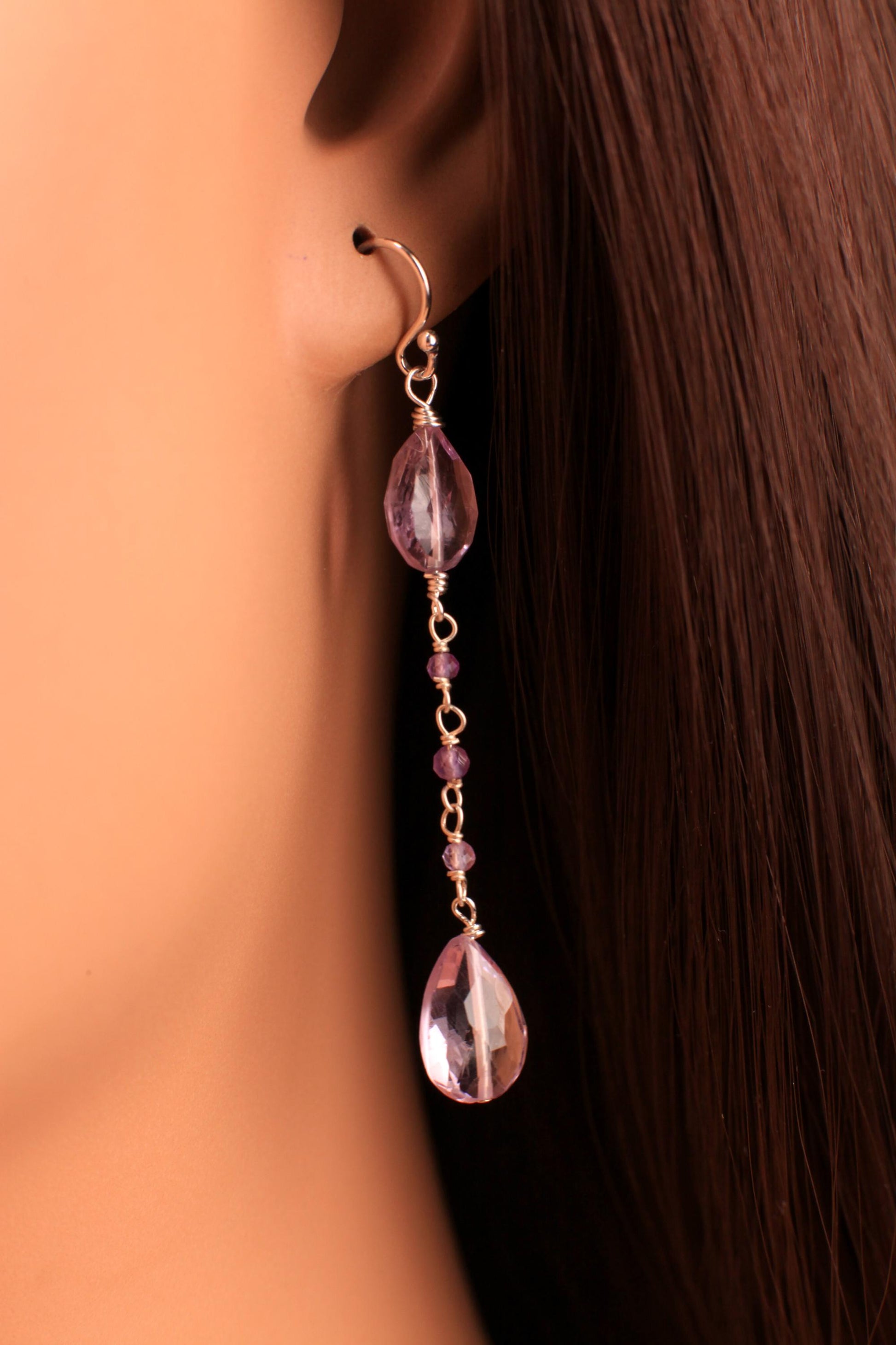 Genuine Pink Amethyst concave cut Faceted Teardrop, cut gemstone Wire Wrapped amethyst chain in 925 Sterling Silver earrings