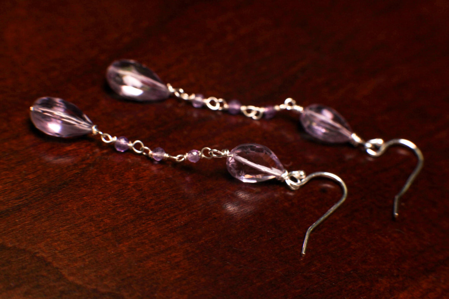 Genuine Pink Amethyst concave cut Faceted Teardrop, cut gemstone Wire Wrapped amethyst chain in 925 Sterling Silver earrings