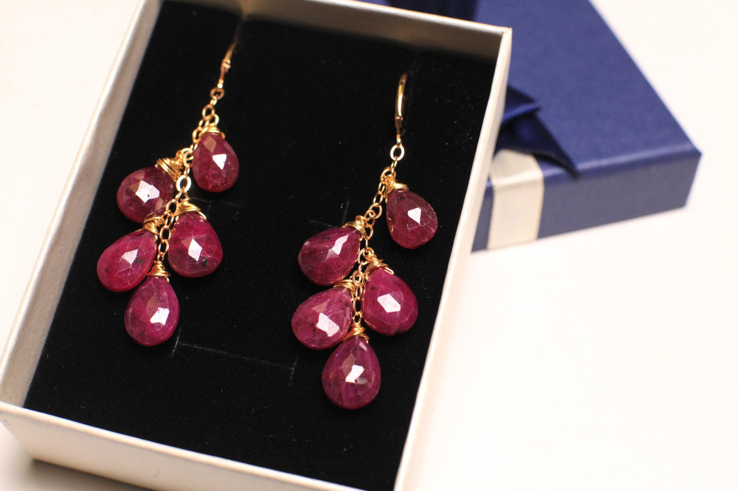 Genuine Ruby faceted 8x11-12mm Tear Drop Cascade 14k Gold Filled Leverback Earrings, Valentine, Bridesmaid, Birthday handmade precious gift.