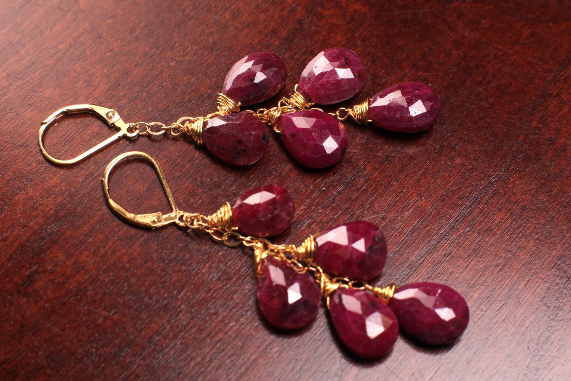 Genuine Ruby faceted 8x11-12mm Tear Drop Cascade 14k Gold Filled Leverback Earrings, Valentine, Bridesmaid, Birthday handmade precious gift.