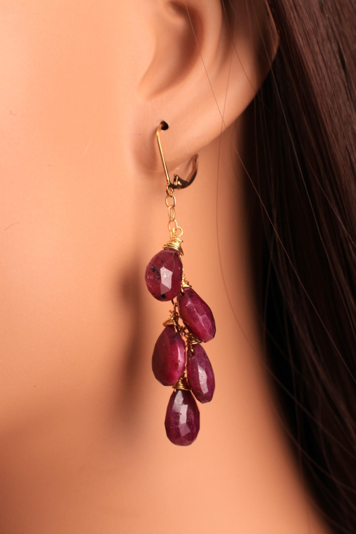 Genuine Ruby faceted 8x11-12mm Tear Drop Cascade 14k Gold Filled Leverback Earrings, Valentine, Bridesmaid, Birthday handmade precious gift.