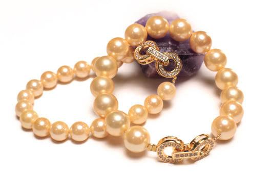 Golden Yellow South Sea Shell Pearl 8, 10mm Bracelet in Fancy CZ Diamond Gold Vermeil Foldable Clasp, Bridal, Gift for Her, Handmade