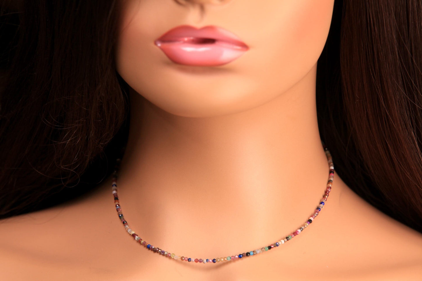 Natural Multi Gemstone 2mm Faceted Round with Sterling Silver Clasp Dainty Choker Layering Elegant Necklace