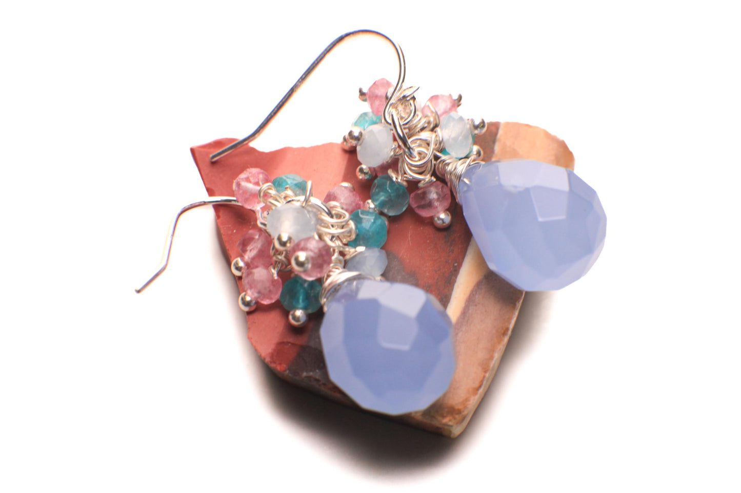 Natural Sky Chalcedony 12x16mm Drop Briolette dangling, Apatite, Pink Topaz, Aquamarine Cluster 925 Sterling Silver Earrings