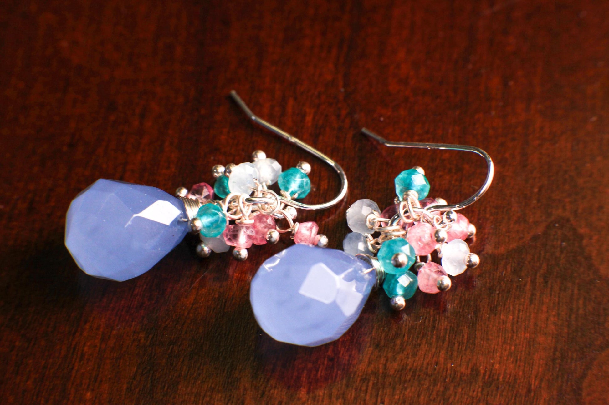 Natural Sky Chalcedony 12x16mm Drop Briolette dangling, Apatite, Pink Topaz, Aquamarine Cluster 925 Sterling Silver Earrings