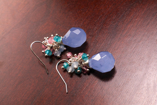 Natural Sky Chalcedony 12x16mm Drop Briolette dangling, Apatite, Pink Topaz, Aquamarine Cluster 925 Sterling Silver Earrings