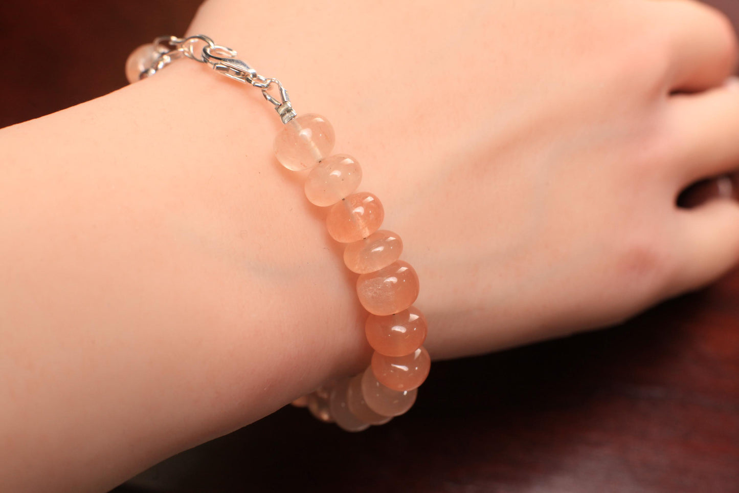 Natural Peach Moonstone 2 tone smooth roundel 8-8.5mm large multi peachy pink with 925 sterling silver Bracelet with 1" extension