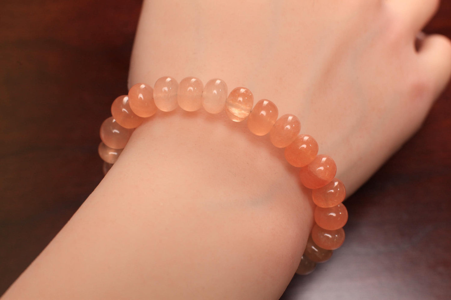 Natural Peach Moonstone 2 tone smooth roundel 8-8.5mm large multi peachy pink with 925 sterling silver Bracelet with 1" extension