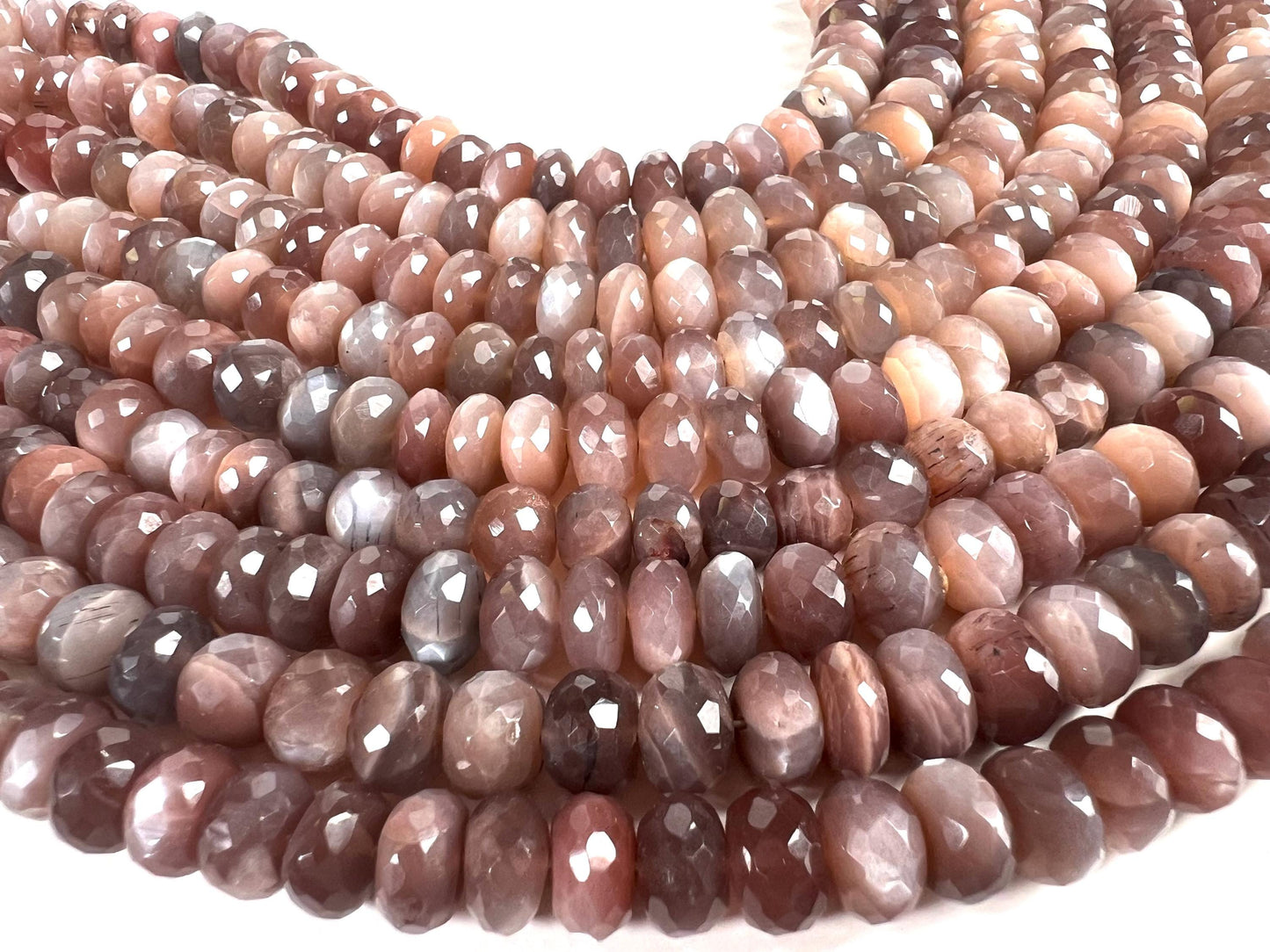 Natural Chocolate Moonstone Faceted Roundel 8-9.5mm bead . AAA quality bead for jewelry making 8” strand