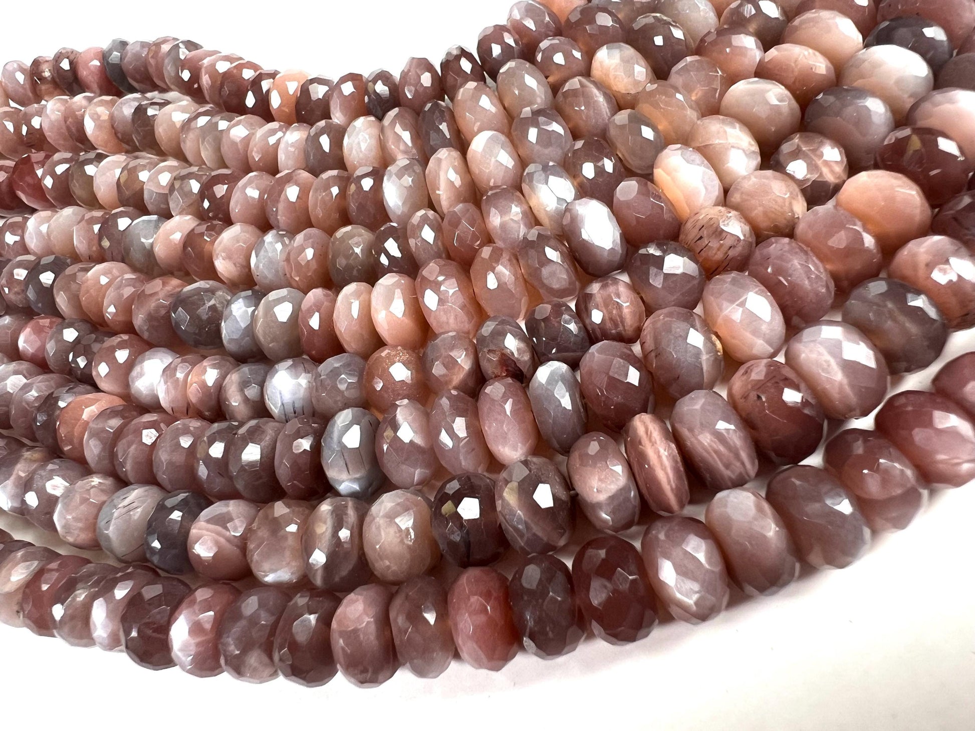 Natural Chocolate Moonstone Faceted Roundel 8-9.5mm bead . AAA quality bead for jewelry making 8” strand