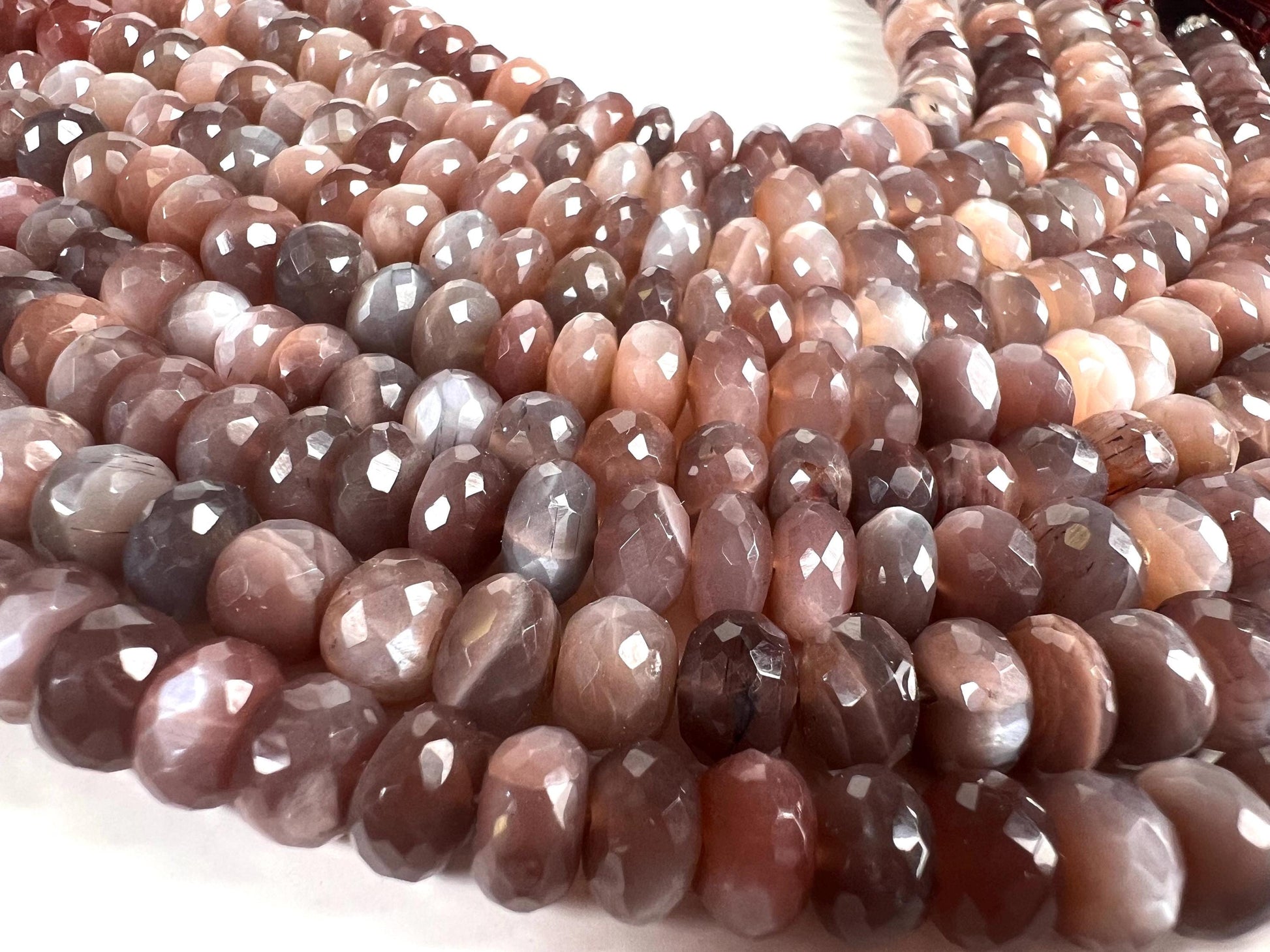 Natural Chocolate Moonstone Faceted Roundel 8-9.5mm bead . AAA quality bead for jewelry making 8” strand