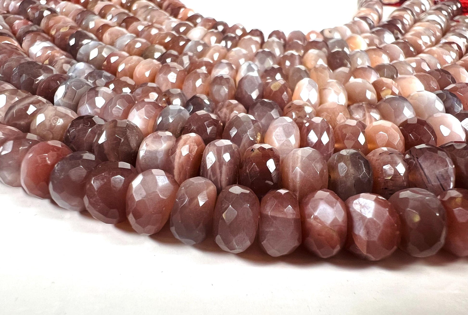 Natural Chocolate Moonstone Faceted Roundel 8-9.5mm bead . AAA quality bead for jewelry making 8” strand