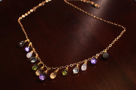 Amethyst, Aquamarine, Moonstone, Labradorite, Peridot, Citrine Briolette Necklace, Wire Wrapped Dangling, 14K Gold Filled Gemstone Necklace