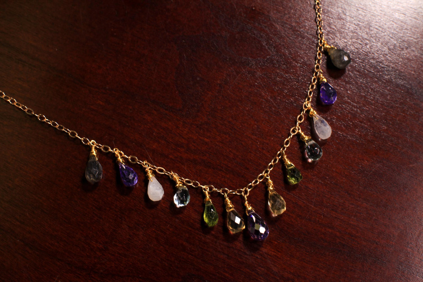 Amethyst, Aquamarine, Moonstone, Labradorite, Peridot, Citrine Briolette Necklace, Wire Wrapped Dangling, 14K Gold Filled Gemstone Necklace