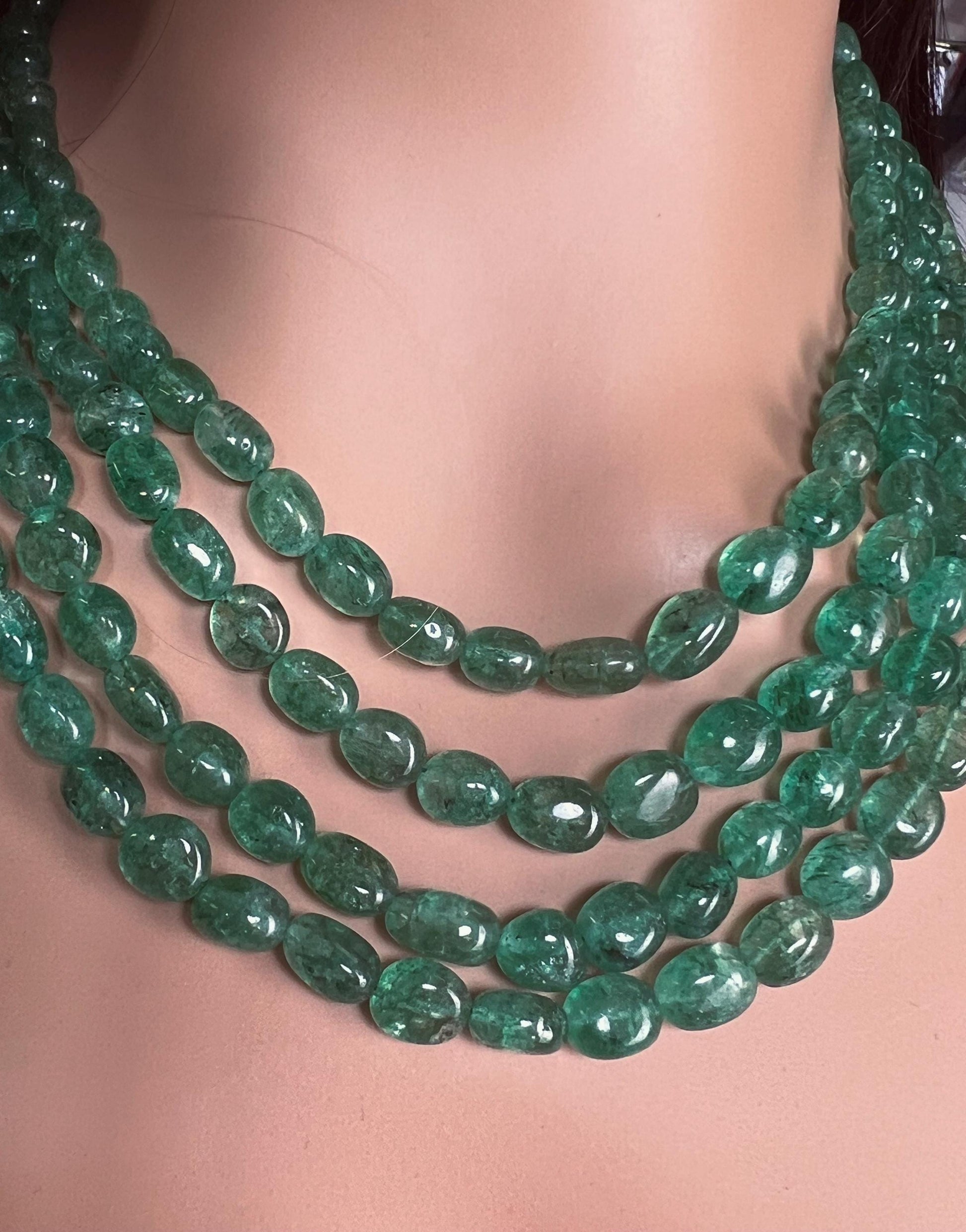 Genuine Zambian Emerald 4 line smooth oval Gemstone Necklace 20” plus 9" Adjustable thread,May Birthstone, Gift