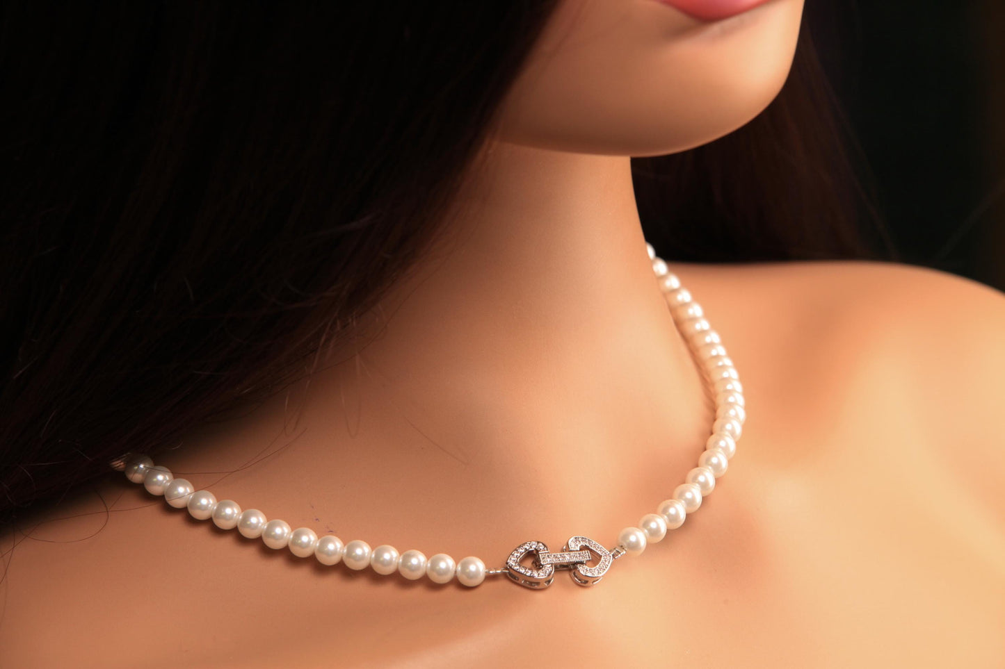 South Sea Shell White 8mm Pearl with Fancy Heart CZ Diamond Sterling Silver Foldable Clasp, Bridal, Handmade Gift for Her 16"-36"