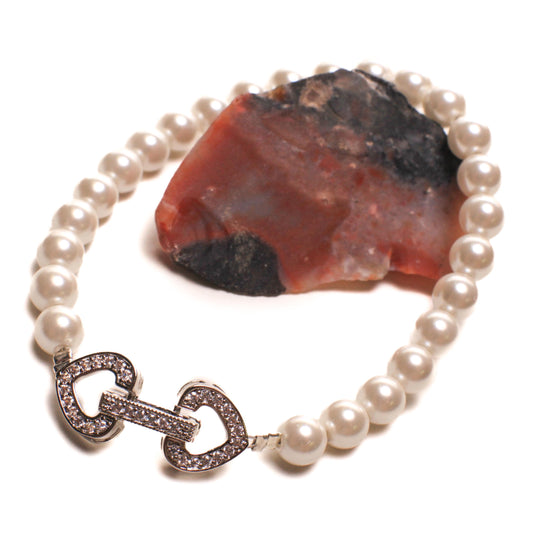 White South Sea Shell Pearl 6mm Bracelet in Fancy Heart CZ Diamond Sterling Silver Foldable Clasp, Bridal, Gift for Her, Handmade