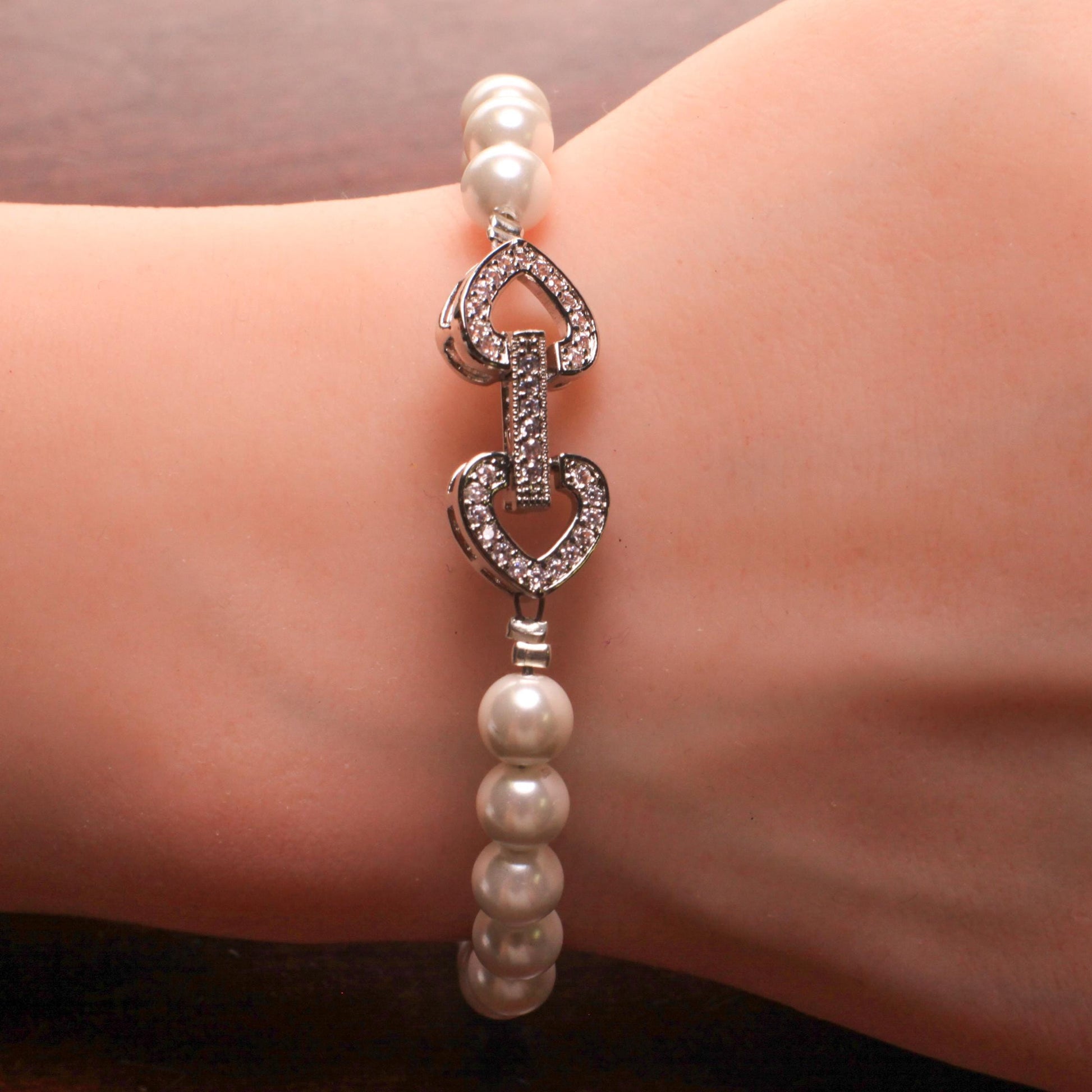 White South Sea Shell Pearl 8mm Bracelet in Fancy Heart CZ Diamond Sterling Silver Foldable Clasp, Bridal, Gift for Her, Handmade