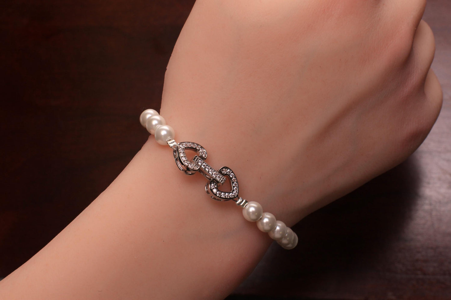 White South Sea Shell Pearl 6mm Bracelet in Fancy Heart CZ Diamond Sterling Silver Foldable Clasp, Bridal, Gift for Her, Handmade